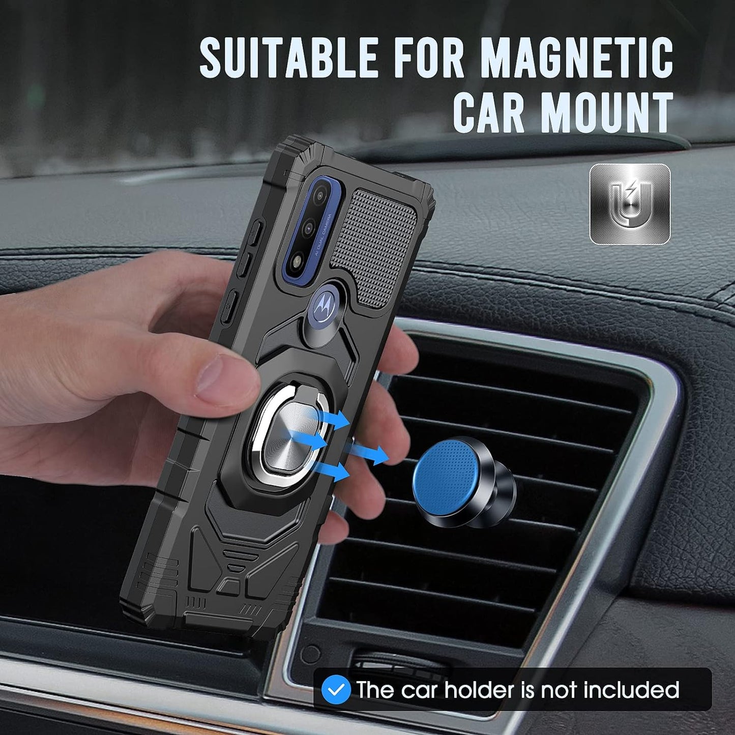 For Motorola Moto-G Pure Case: with Tempered Screen Protector & Built in 360° Adjustable Ring Kickstand Shockproof Protection TPU Bumper Armor Design Phone Cover for Moto G Pure - Black  TUNKARMOR   