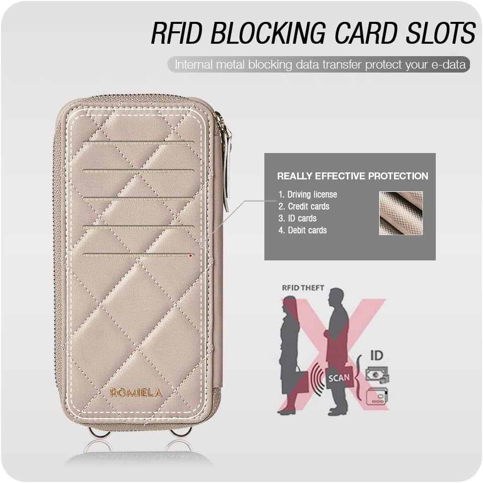 JLFCH Iphone 13 Pro Wallet Case Quilted Leather Women Flip Purse with Crossbody Strap Zipper Support Magsafe Wireless Charging RFID Blocking, ROMIELA Series Iphone 13 Pro 6.1 Inch - Apricot  JLFCH   