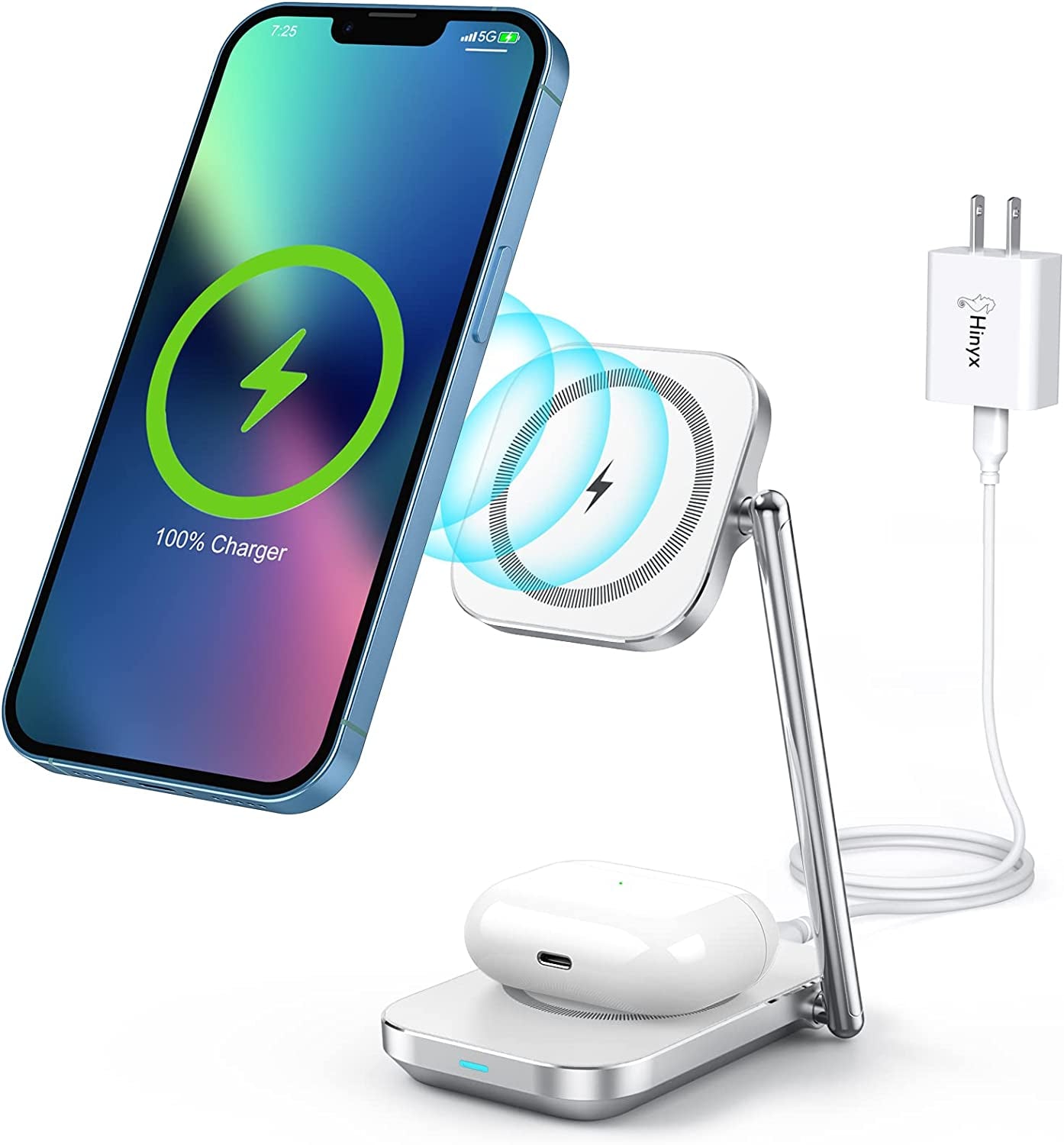 Fast Charging 2-In-1 Foldable Magnetic Wireless Charger, Compact & Portable Magsafe Charging Stand for Iphone 14/13/12 Series, Airpods 3/Pro/2, and All Qi-Enabled Phones  Hinyx Technology (Shenzhen) Co., Ltd. PDSliver  