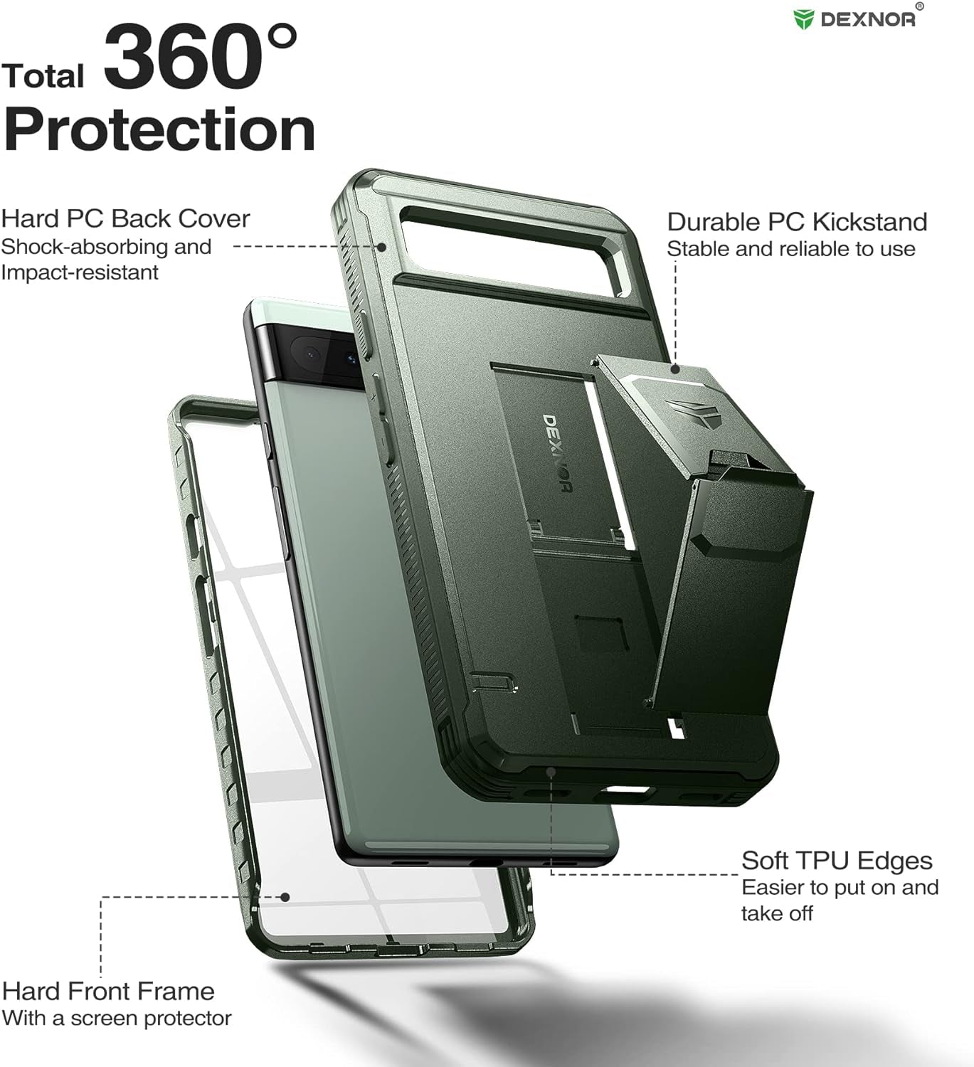 Dexnor Full Body Case for Google Pixel 6A, [Built in Screen Protector and Kickstand] Heavy Duty Military Grade Protection Shockproof Protective Cover for Google Pixel 6A (Military Green)  Dexnor   