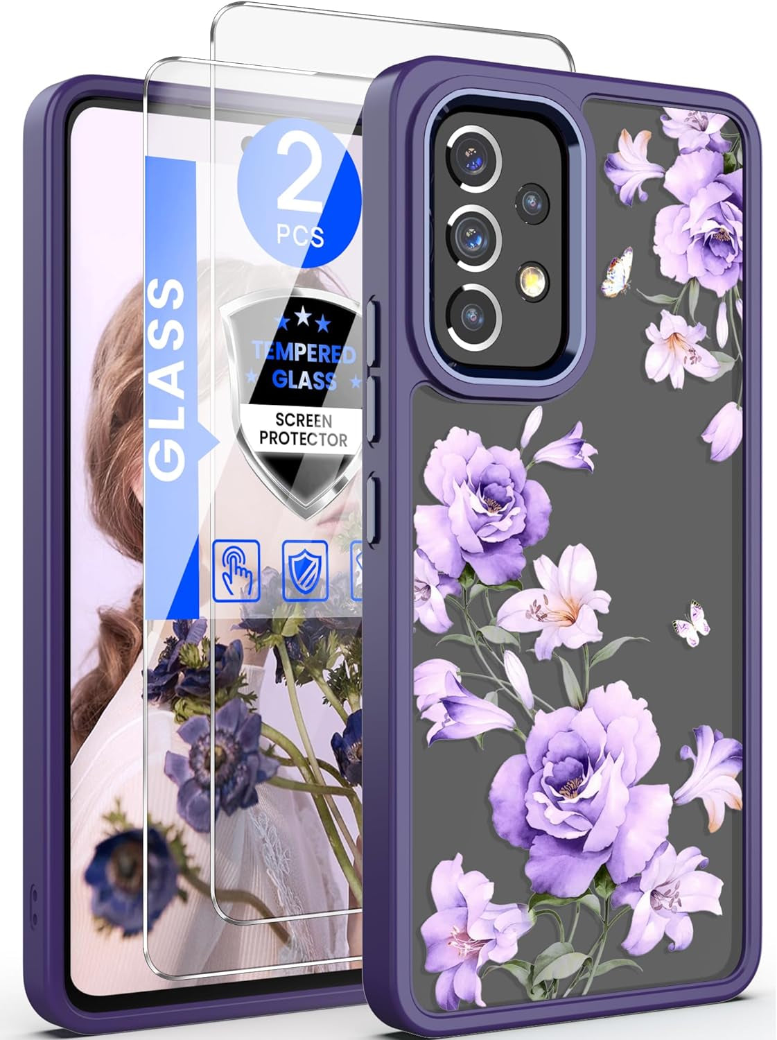 Dretal for Samsung A53 5G Case, Galaxy A53 5G Case + Tempered Glass Screen Protector,Military Grade Drop Tested Hard Back & Soft Edge Slim Flower Women Girls Protective Cover for A53 5G (Purple)  Dretal Deep Purple  