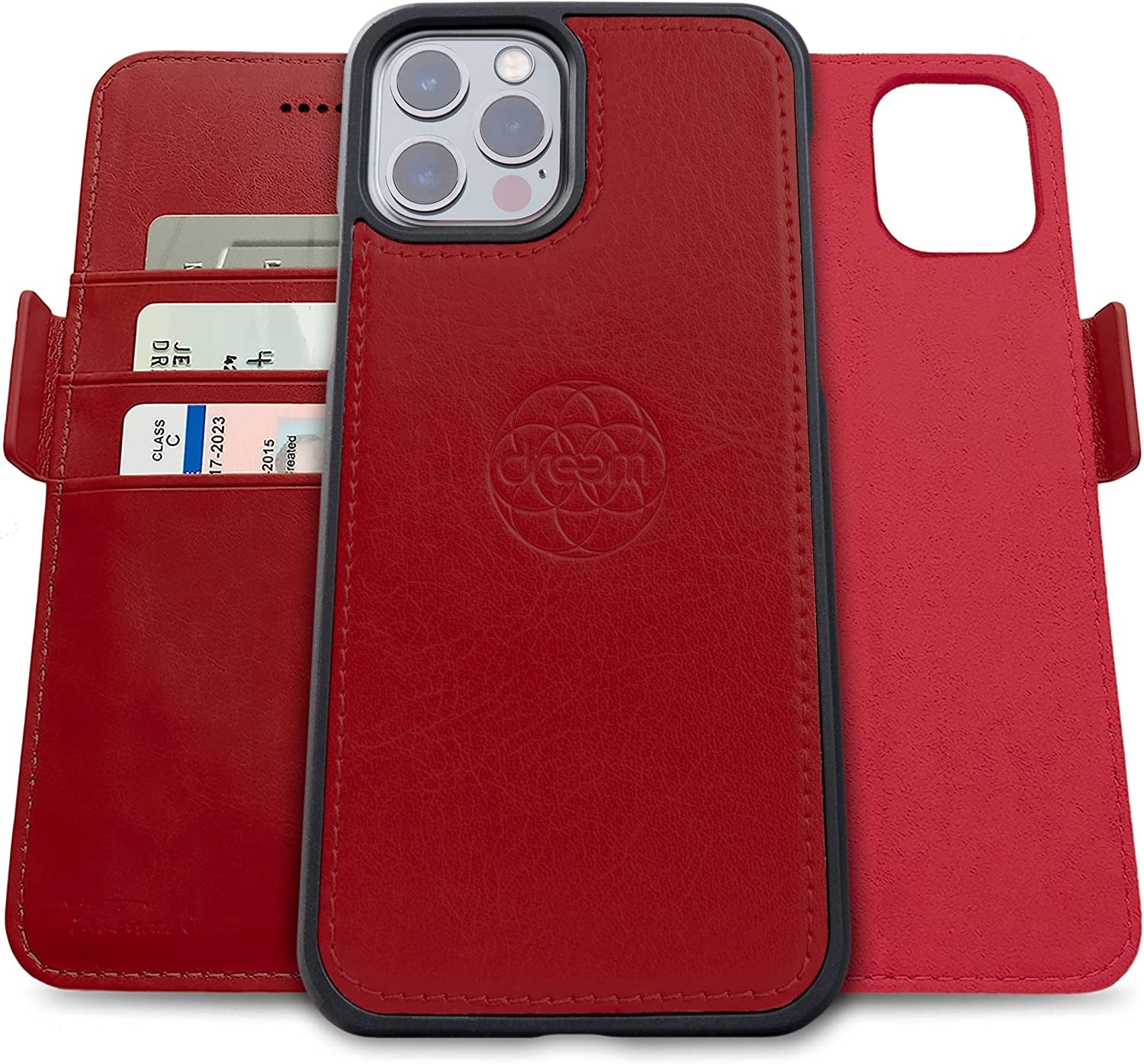 Dreem Fibonacci 2-In-1 Wallet Case for Apple Iphone 13 Pro Max - Luxury Vegan Leather, Magnetic Detachable Shockproof Phone Case, RFID Card Protection, Magsafe Compatible - Coffee  Dreem Red iPhone 13 Pro Max 