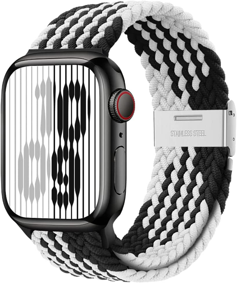 Qimela Compatible with Apple Watch Band 49Mm 45Mm 44Mm 42Mm,Stretchy Sport Solo Loop Strap with Adjustable Buckle,Elastic Nylon Braided Wristband for Iwatch Series 8 7 6 SE 5 4 3 2 1 Ultra,Women Men  FS-TECH Black/White 38mm/40mm/41mm 