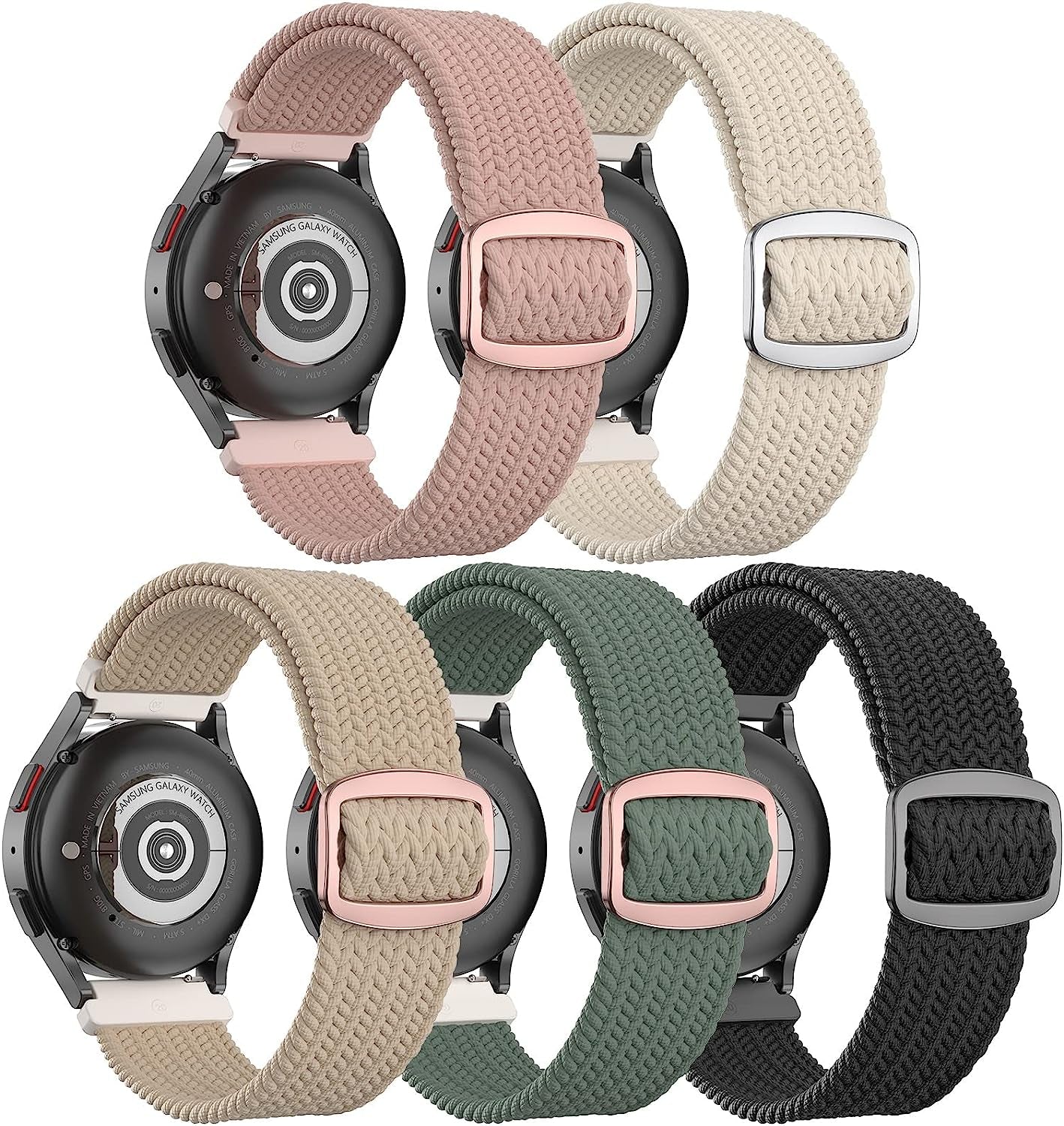 5 Pack Stretchy Nylon Watch Bands Compatible with Samsung Galaxy Watch Active 2 Bands 40Mm 44Mm/Active 40Mm/Galaxy Watch 3 41Mm/Galaxy Watch 42Mm/Gear S2/Galaxy Watch 4 Fabric 20Mm Wristband  MEULOT Z-DarkPinkSand/MilkTea/Black/SZGreen/Star  
