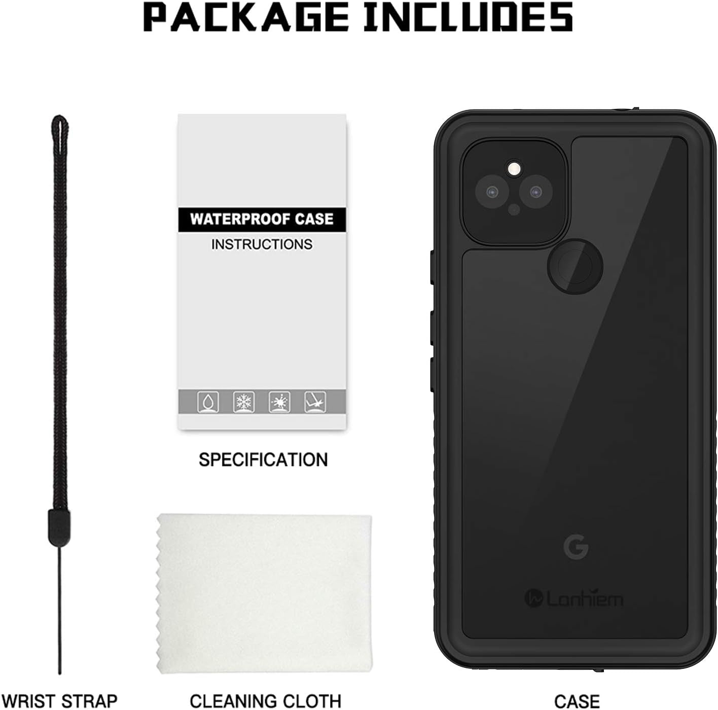 Lanhiem Pixel 4A 5G Case, IP68 Waterproof Dustproof Case [NOT Fit 4G Version] with Built-In Screen Protector, Full Body Protective Cover for Google Pixel 4A 5G Only, Black/Clear  Lanhiem   