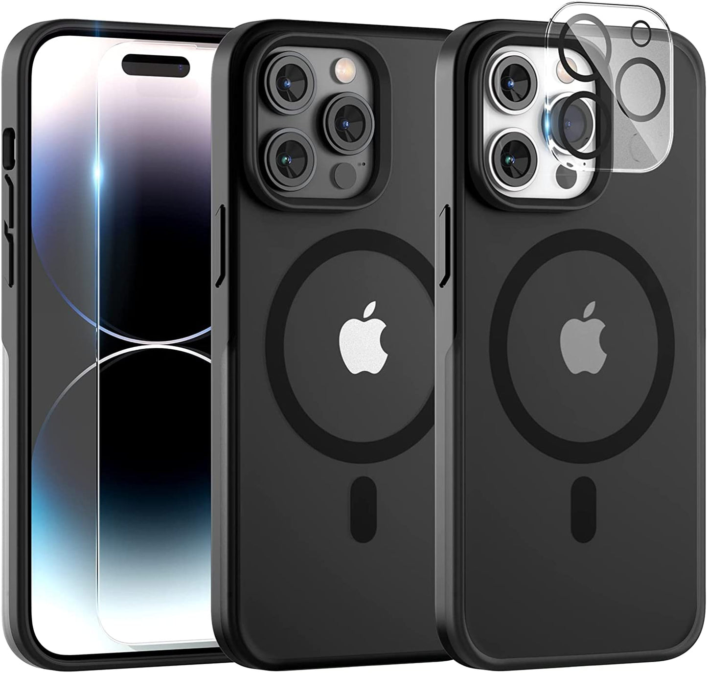 TAURI [5 in 1 Magnetic for Iphone 14 Case [Compatible with Magsafe] with 2 Screen Protector +2 Camera Lens Protector, [Military Grade Drop Protection] Translucent Matte Slim Case 6.1 Inch, Purple  TAURI Black iPhone 14 Pro 