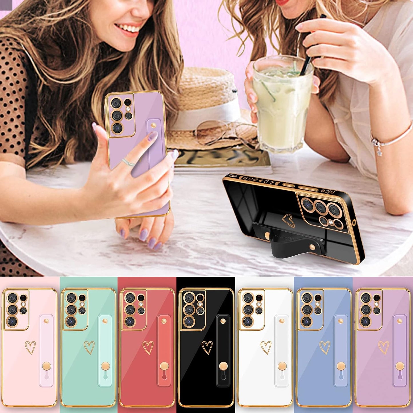 Likiyami (3In1 for Samsung Galaxy S21 Ultra Case Heart Women Girls Cute Girly Aesthetic Trendy Luxury Pretty with Loop Phone Cases Purple Lavender Plating Love Hearts Cover+Screen+Chain -6.8 Inch  Likiyami   