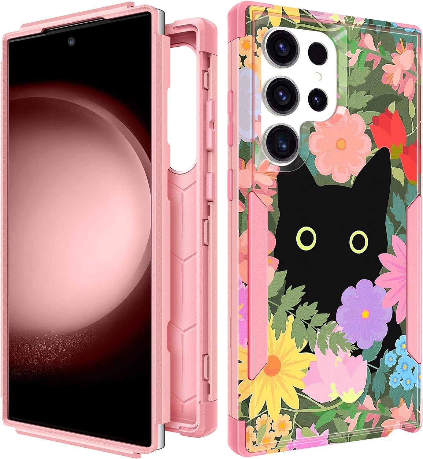 Plakill for Samsung Galaxy S22 Ultra Case Heavy Duty Protective Designer Strawberry Drop Tested Cute Cases for Men Women Girls Shockproof Protection Rugged Bumper Phone Cover for S22 Ultra 6.8"  Plakill Pink Cat Flower  