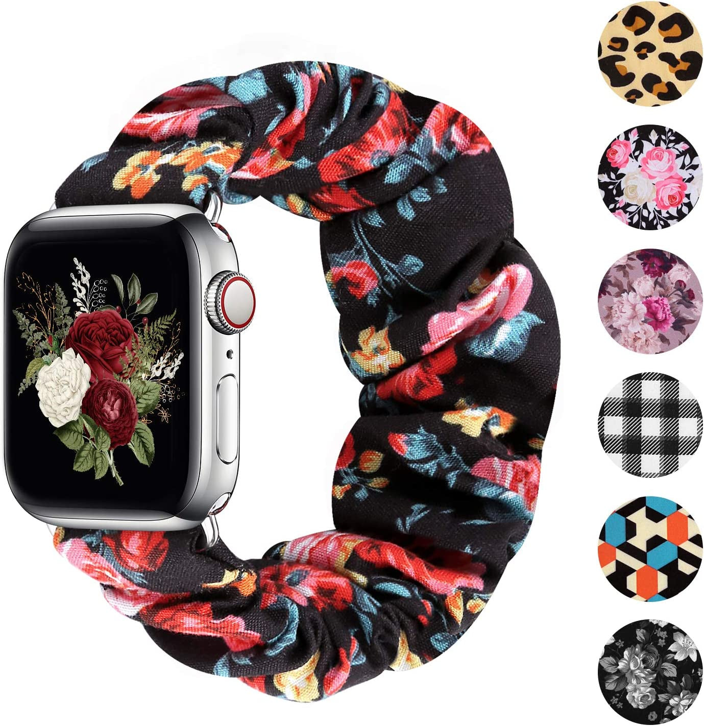 Greatfine Compatible for Apple Watch Band Scrunchie 38Mm 40Mm 41Mm 42Mm 44Mm 45Mm,Soft Elastic Scrunchie Watch Bands,With Iwatch Series 8 7 6 SE 5 4 3 2 1 Ultra,Replacement Wristband for Women(S/M)  HSELE I-Red Floral 42mm/44mm/45mm-S/M 