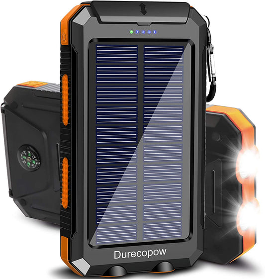 Durecopow Solar Charger, 20000Mah Portable Outdoor Waterproof Solar Power Bank, Camping External Backup Battery Pack Dual 5V USB Ports Output, 2 Led Light Flashlight with Compass (Orange)  ShenZhen Fashiontec Technology Co.,Ltd.   