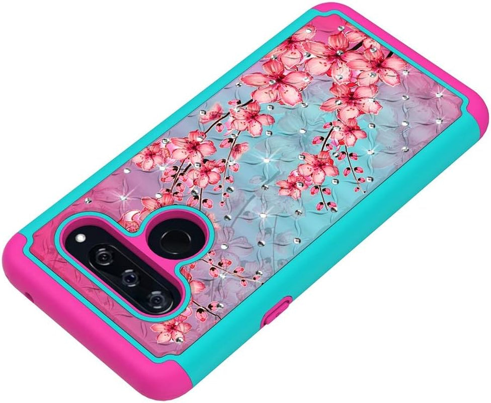 Zase Compatible with LG V40 Thinq Phone Case Hybrid Dual Layer Protection Jewel Studded Rhinestone Shockproof Slim Hard Shell Sparkly Crystal Bling Diamond (Teal Pink Blossom)  Zase   