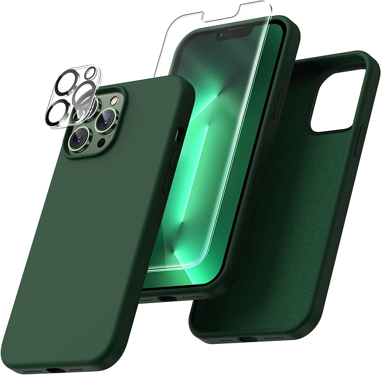 Uyiton [5 In1] Liquid Silicone Iphone 12 PRO Max Case, [Drop Protection] [Full Covered] Shockproof Slim Thin Cover with Microfiber Lining, with 2Xscreen Protector +2Xcamera Lens Protector-Green  Uyiton 13Pm-Alpine Green Iphone 13 Pro Max 