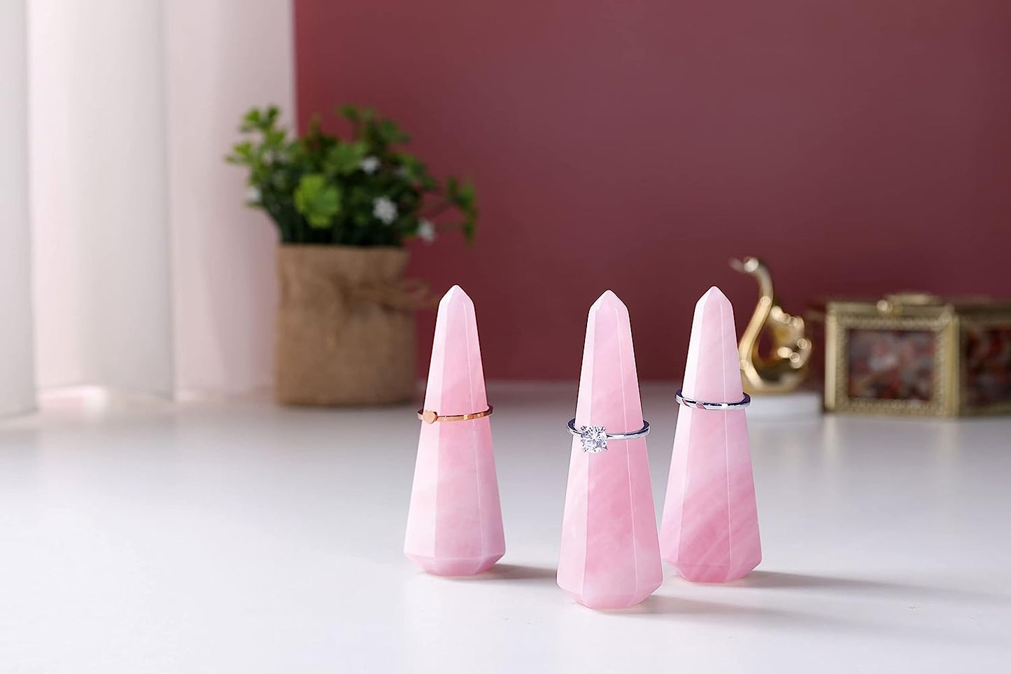 Jovivi Crystal Ring Holder Tower Natural Rose Quartz Crystal Stone Jewelry Ring Display Holder Hexagon Prism Shaped Decorative Wedding Ring Display Stand Finger Ring Storage  Jovivi   