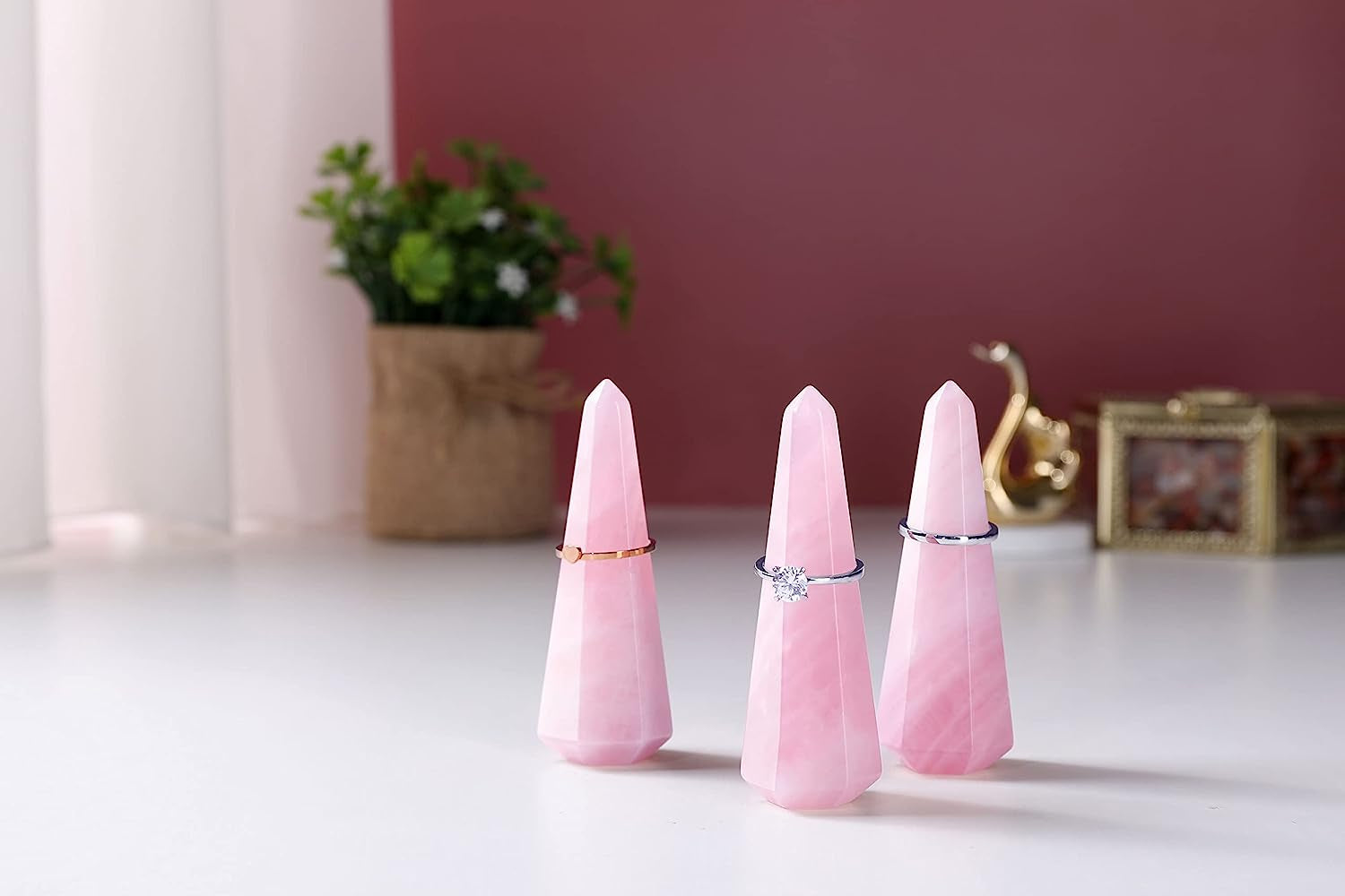 Jovivi Crystal Ring Holder Tower Natural Rose Quartz Crystal Stone Jewelry Ring Display Holder Hexagon Prism Shaped Decorative Wedding Ring Display Stand Finger Ring Storage  Jovivi   