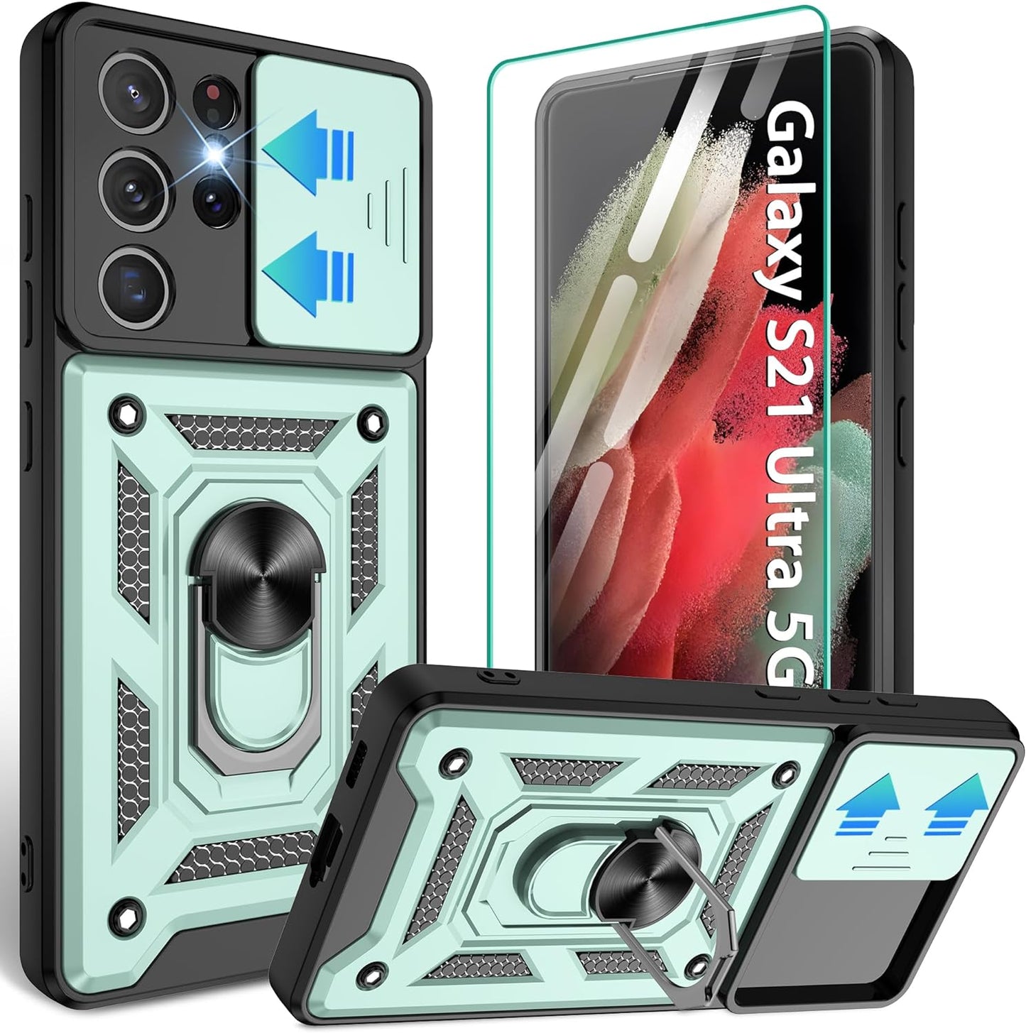 Compatible with Samsung Galaxy S21 Ultra Case,S21 Ultra Case with HD Screen Protector with Slide Camera Cover, 360°Rotation Ring Kickstand [Military Grade] Case for Galaxy S21 Ultra, Rose Gold  Gritup Dark Green  