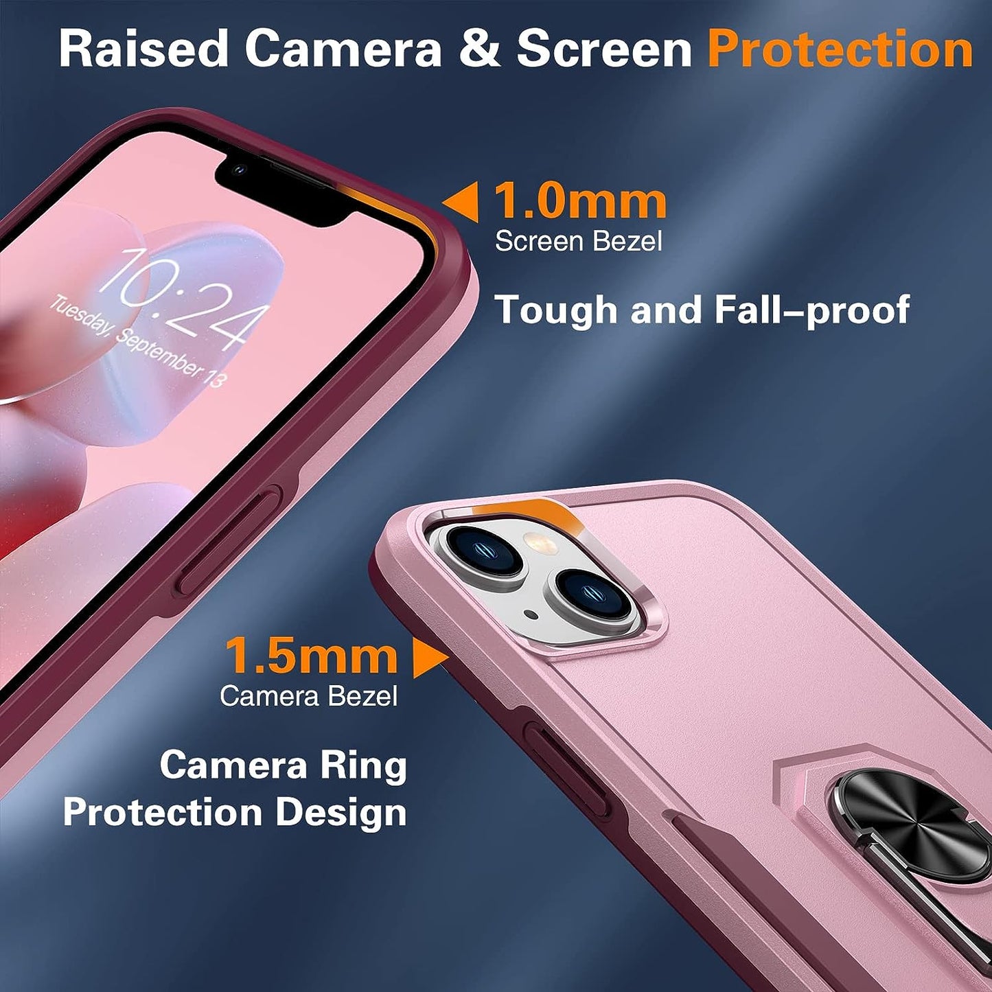Oterkin for Iphone 14 plus Case, [4 in 1] Iphone 14 plus Phone Case with [2Pcs 9H HD Tempered Glass Screen Protectors][360°Rotatable Stand Ring][10Ft Military Grade] Case for Iphone 14 plus (Pink)  Oterkin   