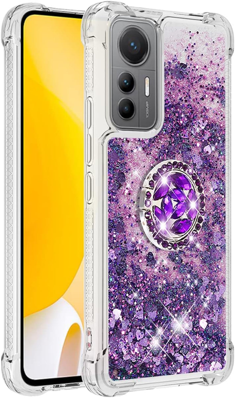 Ccsmall Glitter Clear Sparkly Bling Case for Xiaomi 12 Lite, Rugged Shockproof Flowing Liquid Floating Cover for Women with Ring Holder Phone Case for Xiaomi 12 Lite LSZ Purple  CCSmall   