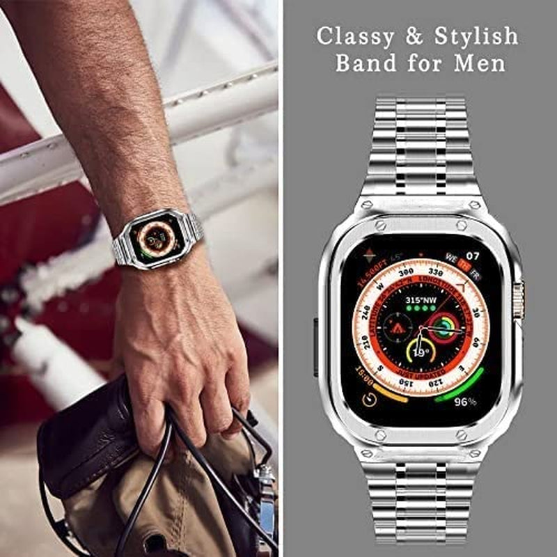 Miohhr Stainless Steel Watch Band with Case Compatible with Apple Watch Ultra (49Mm),Rugged Strap with Metal Protective Bumper Cover for Iwatch Band Men (Silver)  MioHHR   
