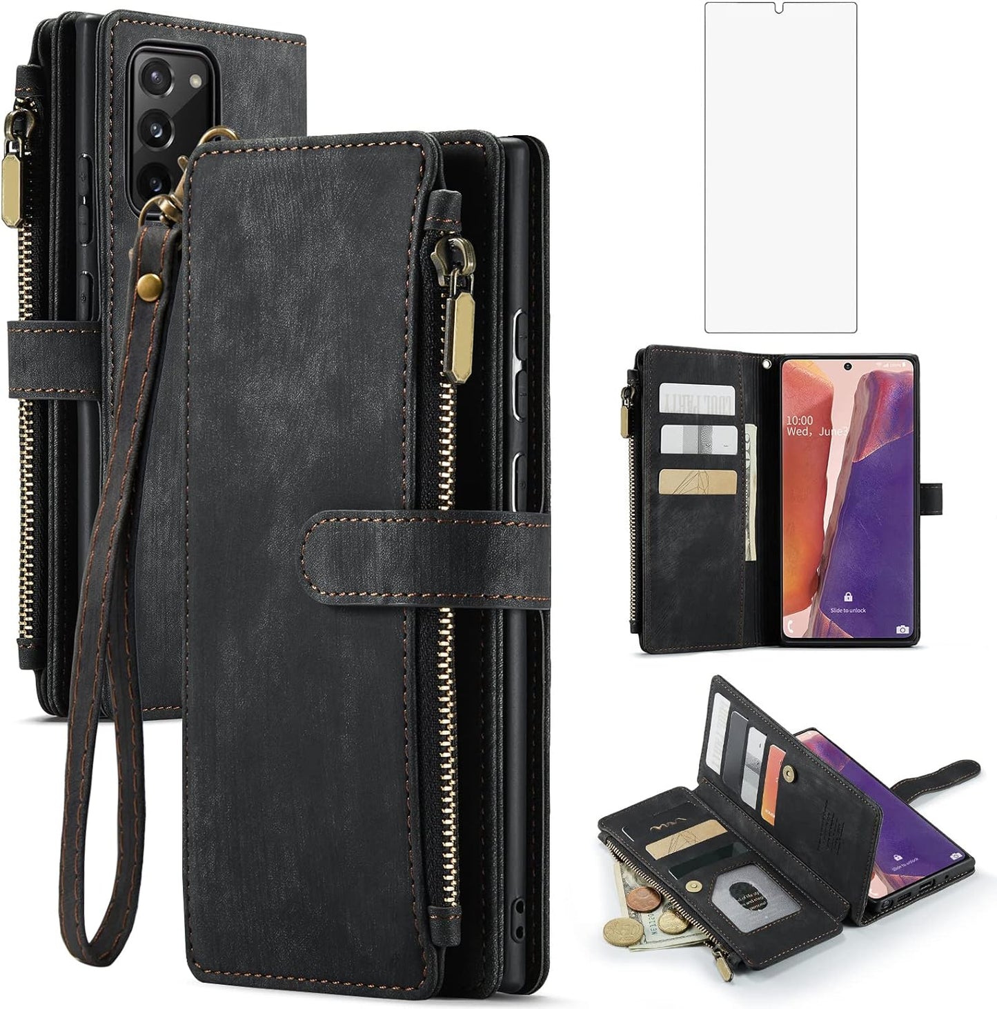 Asuwish Phone Case for Samsung Galaxy Note 20 Glaxay Note20 5G Wallet Cover and Tempered Glass Screen Protector Flip Credit Card Holder Cell Accessories Gaxaly Notes 20S Twenty Not S20 Women Men Brown  Asuwish Black For Note 20 / Note 20 5G 