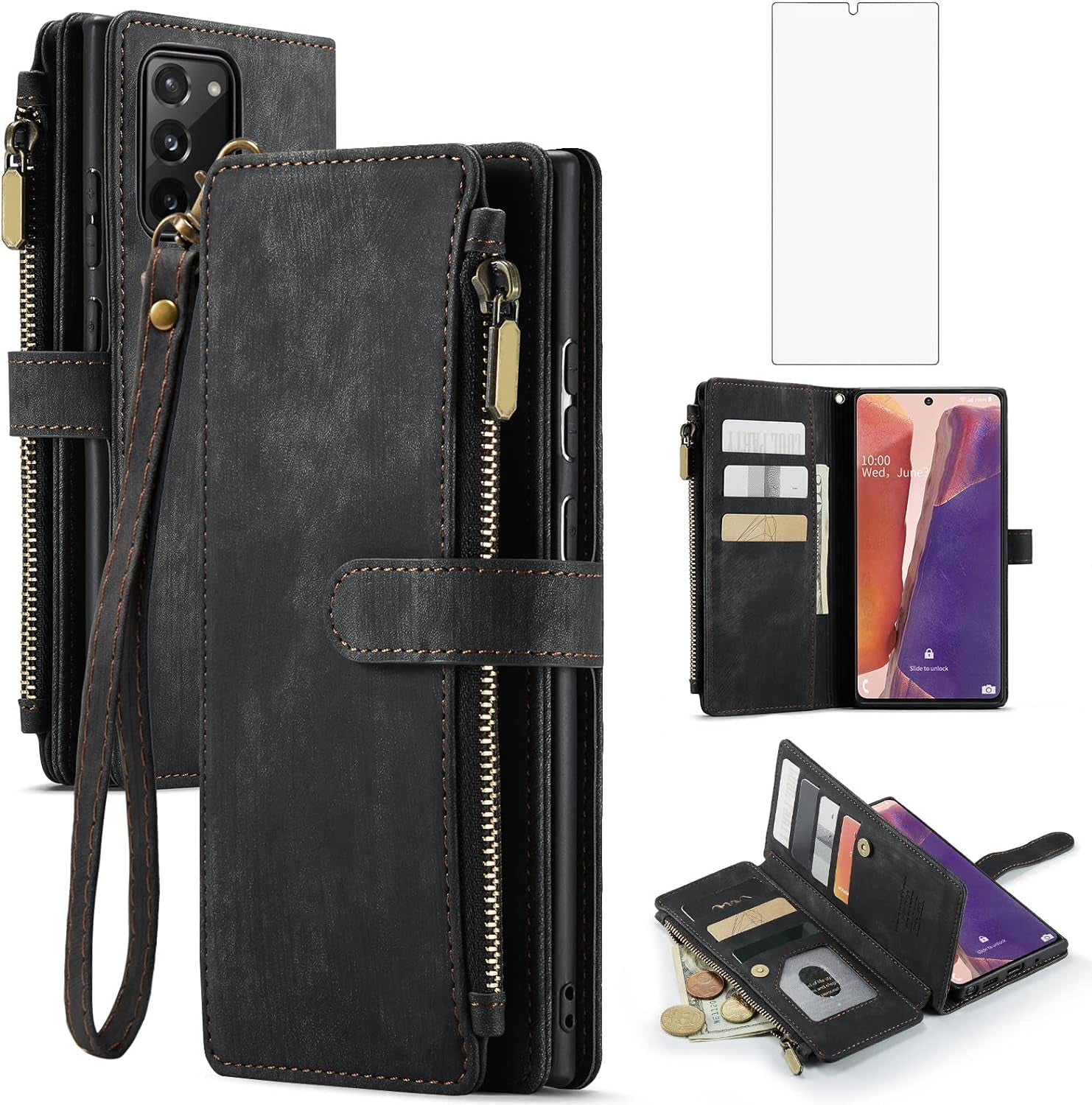 Asuwish Phone Case for Samsung Galaxy Note 20 Glaxay Note20 5G Wallet Cover and Tempered Glass Screen Protector Flip Credit Card Holder Cell Accessories Gaxaly Notes 20S Twenty Not S20 Women Men Brown  Asuwish Black For Note 20 / Note 20 5G 