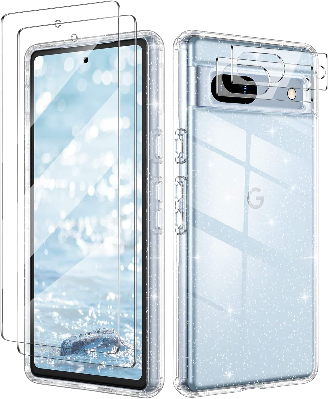 Lamcase Compatible with Google Pixel 7A Case, with 2 Screen Protector + 2 Camera Lens Protector Crystal Bling Sparkly Shiny Soft Flexible TPU Slim Drop Protection for Women Girls, Apricot Flower  Lamcase Clear Glitter  