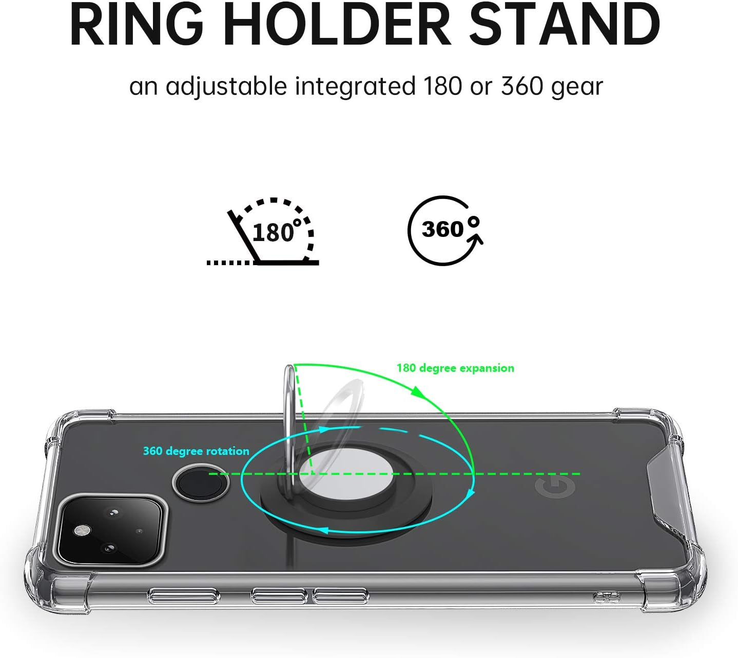 DAUPIN for Google Pixel 4A 5G Case with 360 Rotation Metal Ring Holder Stand, Support Magnetic Car Phone Mount Soft TPU Bumper PC Hard Protective Clear Phone Case for Google Pixel 5XL 6.2 Inch (Clear)  DAUPIN   