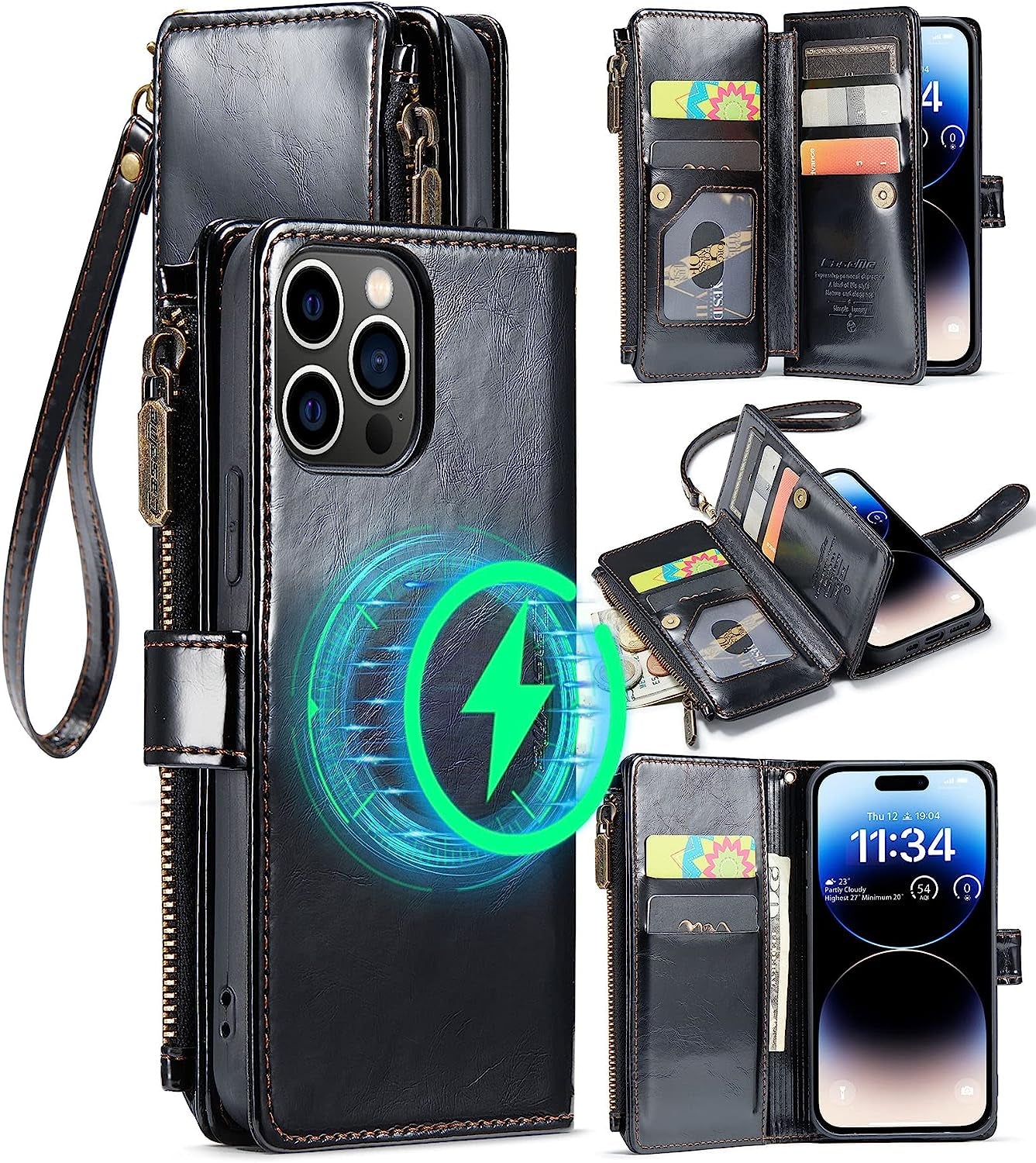 FLIPALM Wallet Case for Iphone 14 Pro(6.1") Flip Case,Compatible with Magsafe Charger,Pu Leather Zipper Protective Lanyard Strap Wristlet Case with Magnetic Closure and Card Holder Luxury Coffee  FLIPALM Luxury Black iPhone 14 Pro 