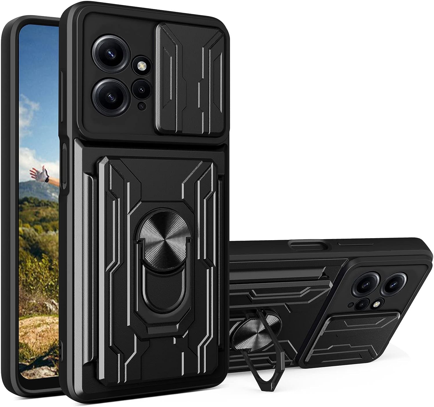 Ysnzaq Military Heavy Duty Shockproof Case for Xiaomi Redmi Note 12 4G (Not 5G), Sliding Window Lens Protective Phone Cover with Card Slot for Xiaomi Redmi Note 12 4G LJ Green  Ysnzaq Black  