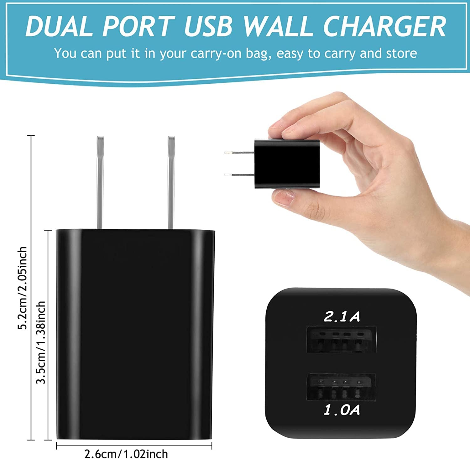 12 Pieces USB Wall Plugs USB Charger Blocks Charging Blocks for Wall Outlet 2.1A Dual Port USB Wall Plug Fast Charging for Most Smartphones and Tablets (Black)  Zhanmai   