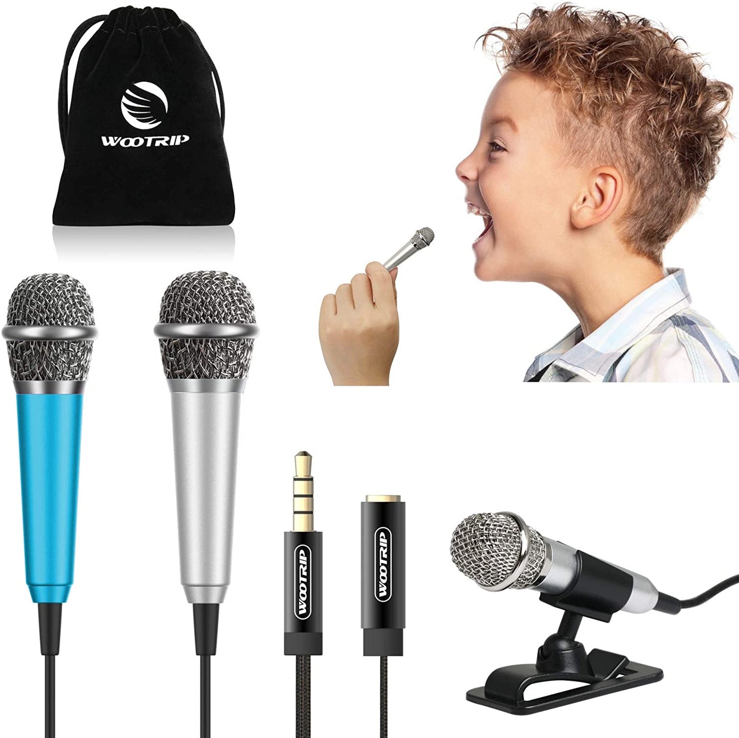 Mini Microphone, Wootrip Karaoke Tiny Microphone for Voice Recording Interview, Portable Small Singing Mic 3.5Mm Plug with Stand Suitable for Android Phone,Iphone,Ipad, Laptop (Rose Gold)  Wootrip Blue and Silver  