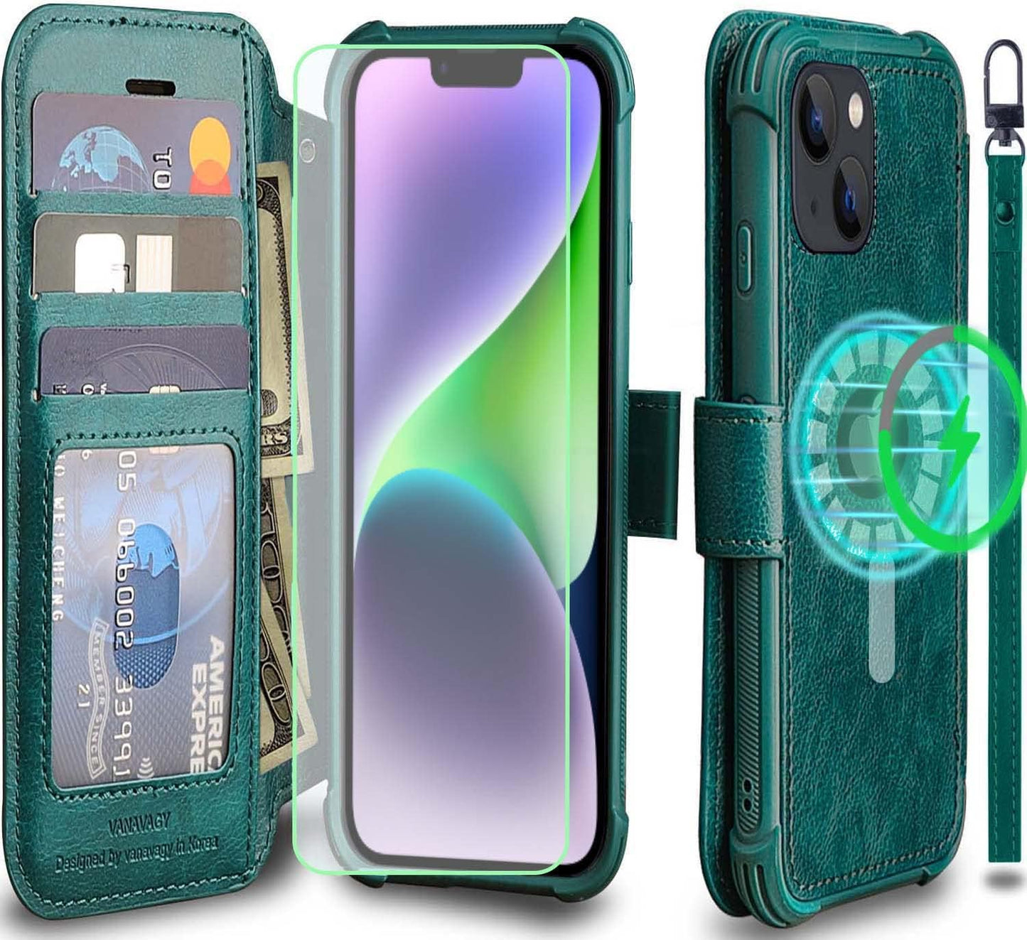 VANAVAGY Iphone 14 plus Wallet Case Magsafe,Leather Flip Folio Phone Cover Supports Magsafe and Wireless Charging with RFID Block Card Holder and Wrist Strap,Clove Purple  VANAVAGY Midnight Green（Not for iPhone 14）  