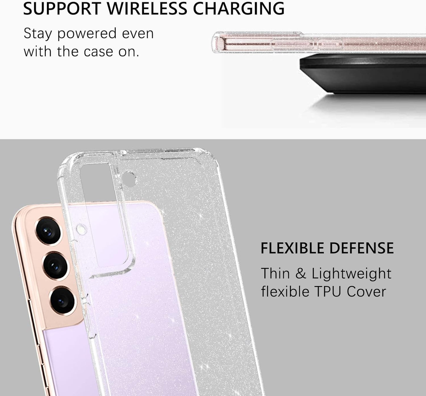 GUAGUA Compatible with Samsung Galaxy S22 5G Case 6.1 Inch Crystal Clear Flexible Soft TPU Cover Glitter Sparkle Bling Slim Shockproof Protective Anti-Slip Cases for Galaxy S22, Transparent  GUAGUA   