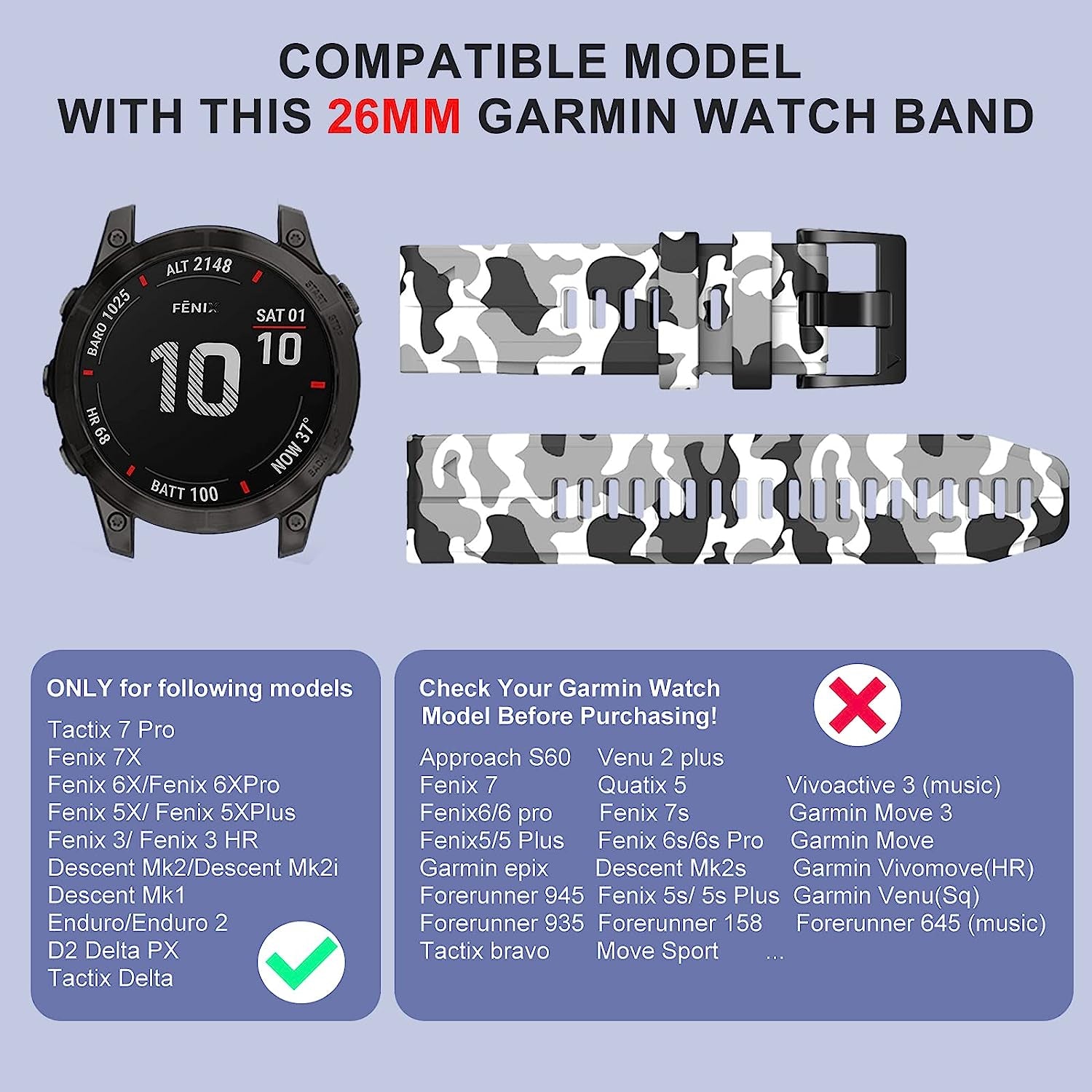 Bandkids 26Mm Camouflage Band for Garmin Fenix 5X /Fenix 6X /Fenix 7X Watch Band,Soft Silicone Waterproof Sport Quickfit Watch Bands for Garmin Fenix 6X Pro/5X Plus/Fenix 3/3 Hr/Enduro/Tactix Delta  Bandkids   