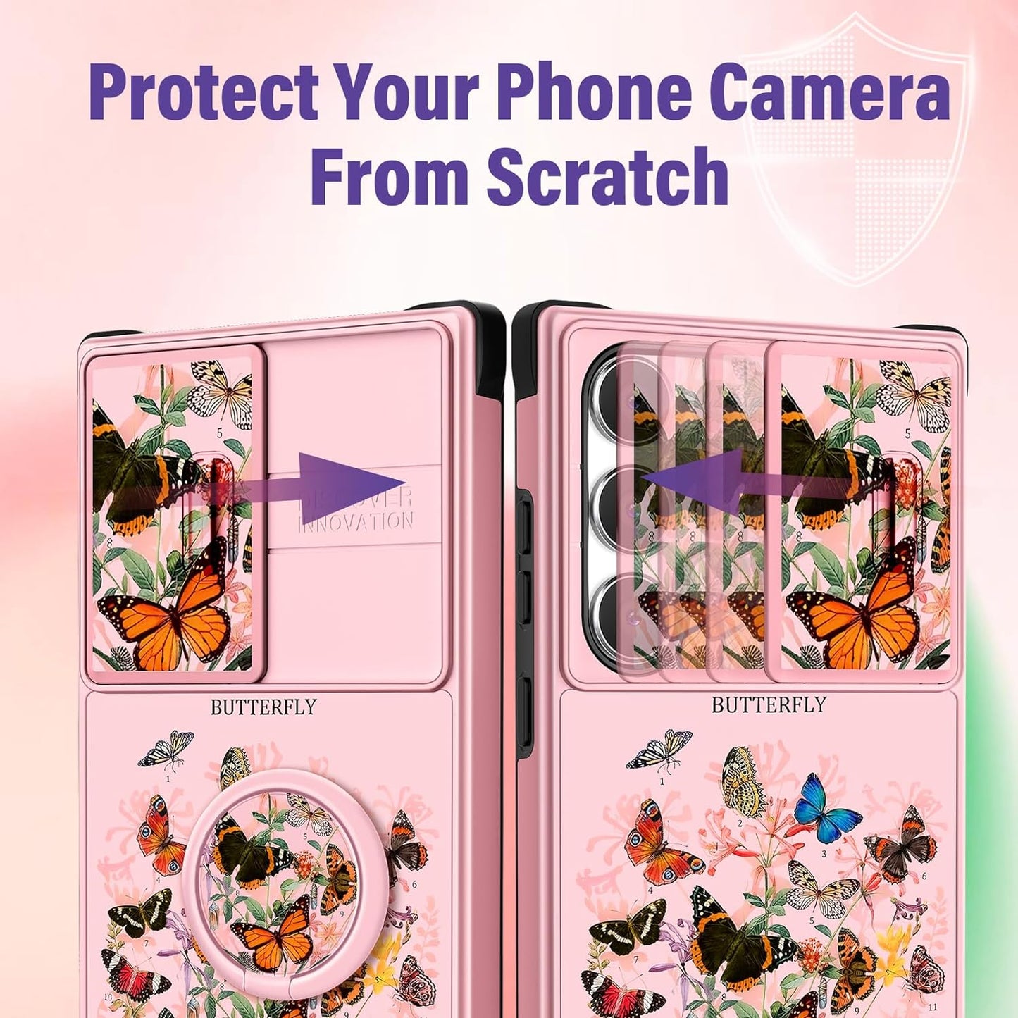 Funermei (2In1 for Samsung Galaxy S22 Ultra Case for Women Cute Butterfly Girls Phone Cover Girly Pretty Aesthetic Butterfly Design with Camera Cover and Ring Stand Funda for S22 Ultra Case 5G  Funermei   