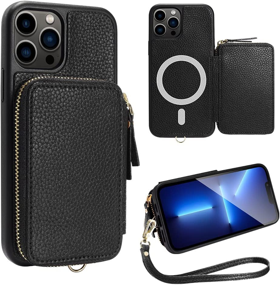 ZVE Wallet Case for Iphone 14 Pro Max 6.7 Inch, Magsafe Zipper Leather RFID Blocking Cards Holder Slots Case with Magnetic Wireless Charging, Protective Cover for Iphone 14 Pro Max 6.7"(2022)-Black  ZVE Black iPhone 13 Pro Max 
