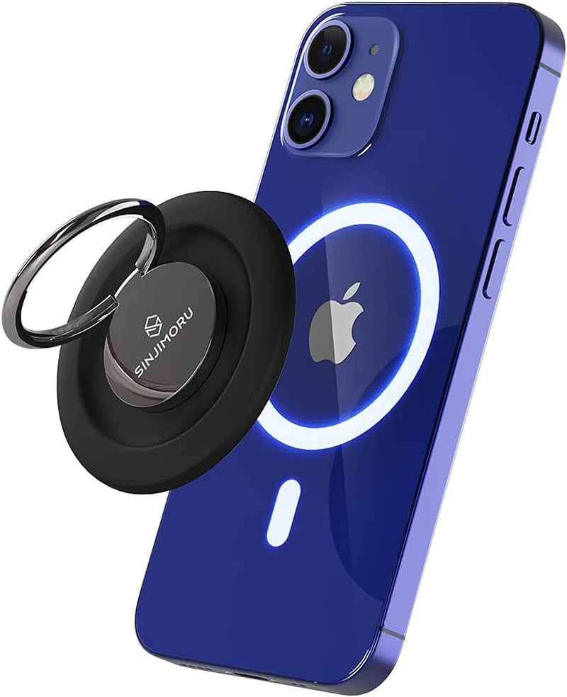 Sinjimoru Phone Ring Holder & Finger Ring Stand 360° Rotation, Phone Grip Kickstand for Iphone Attachable to Magnetic Car Mount Finger Loop for Cell Phone. Ringo Mini Metallic Black  Sinjimoru Co.Ltd M-Ringo Metallic Black Phone Ring for Magsafe 