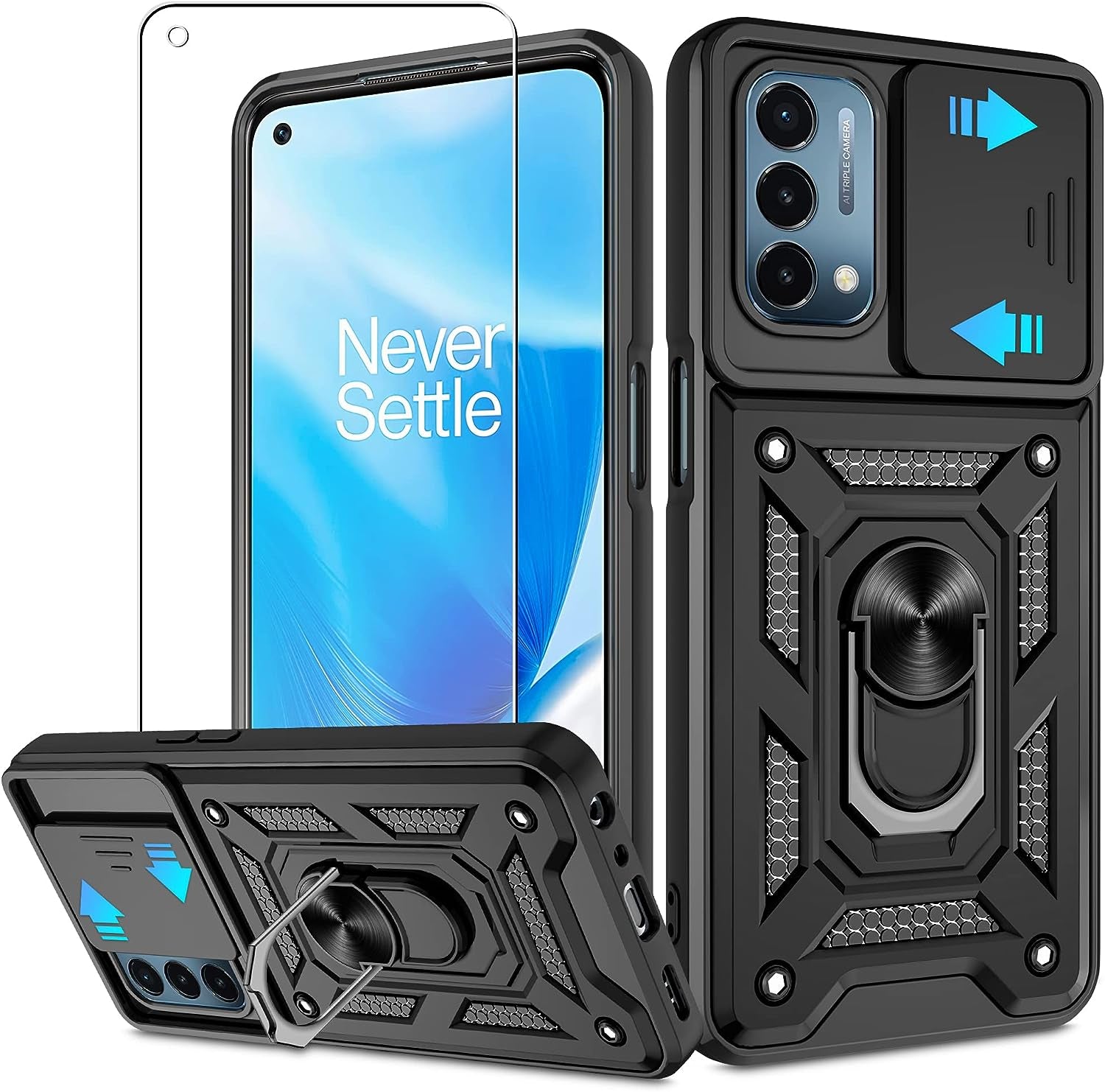 For Oneplus Nord N200 5G Case with HD Screen Protector with Slide Camera Cover, Atump 360° Rotation Ring Kickstand [Military Grade] Shockproof Protective Case for Oneplus Nord N200 5G,Black  Atump   