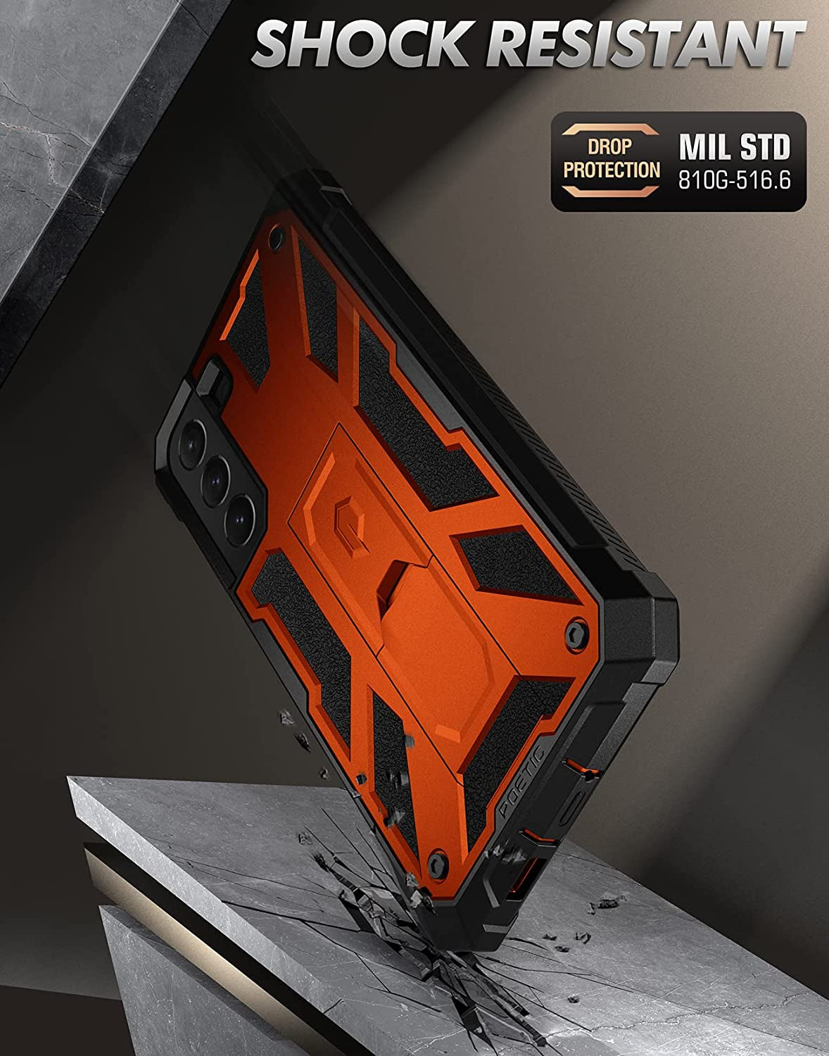 Poetic Spartan Case for Samsung Galaxy S22+ plus 5G 6.6 Inch, Built-In Screen Protector Work with Fingerprint ID, Full Body Rugged Shockproof Protective Cover Case with Kickstand, Metallic Orange  Poetic   