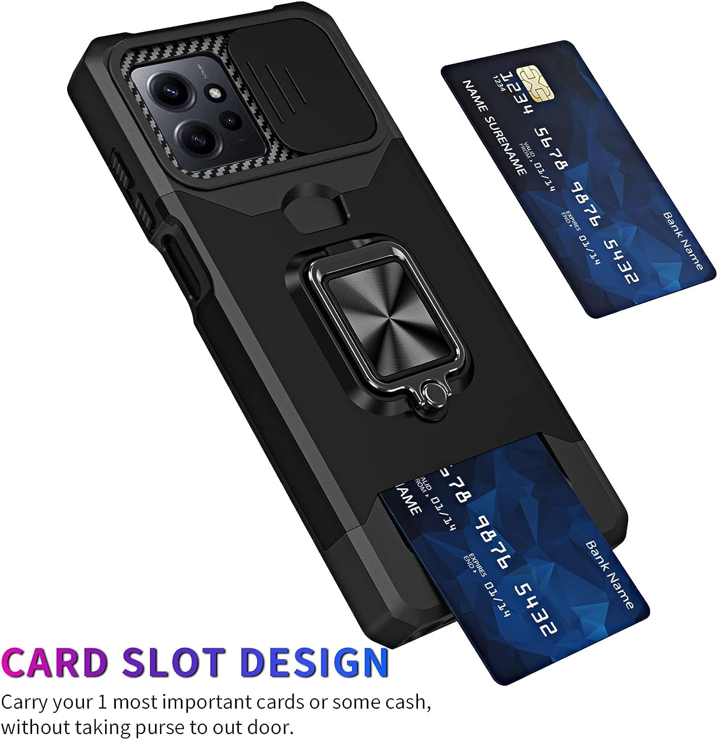 Ysnzaq for Xiaomi Redmi Note 12 4G Case with Card Holder and Sliding Camera (Not 5G), Military Grade Shockproof Protective Phone Cover for Xiaomi Redmi Note 12 4G YHZH Black  Ysnzaq   