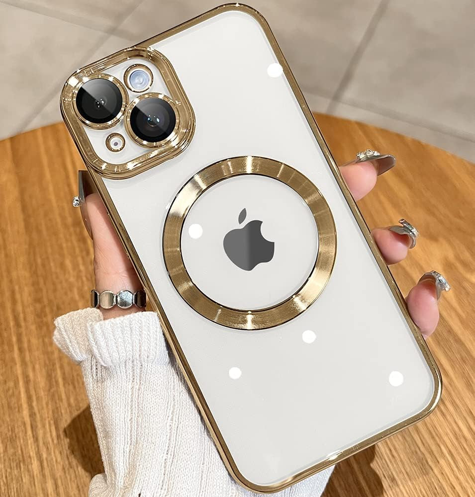 JUESHITUO Magnetic Matallic Glossy Clear for Iphone 14 plus Case with Full Camera Cover Protection [No.1 Strong N52 Magnets] [Military Grade Drop Protection] for Women Girls Phone Case (6.7")-Blue  JUESHITUO B-Gold  