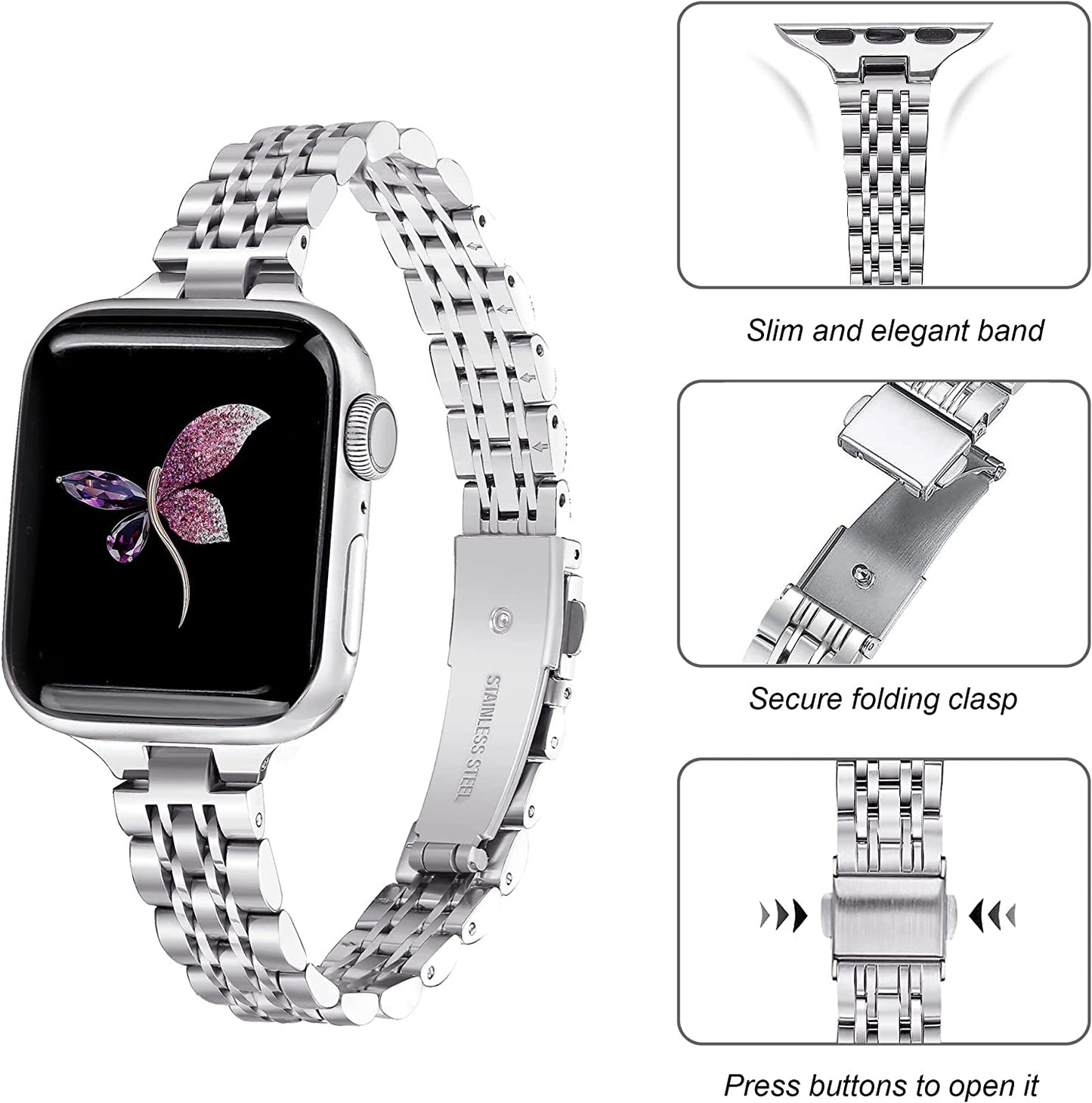 Secbolt Stainless Steel Slim Bands Compatible with Apple Watch 38Mm 40Mm 41Mm Iwatch Series 8/7/6/5/4/3/2/1/SE, Thin Bracelet for Women, Silver  Secbolt   