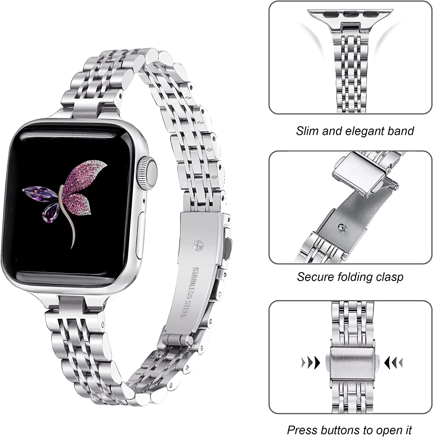 Secbolt Stainless Steel Slim Bands Compatible with Apple Watch 38Mm 40Mm 41Mm Iwatch Series 8/7/6/5/4/3/2/1/SE, Thin Bracelet for Women, Silver  Secbolt   