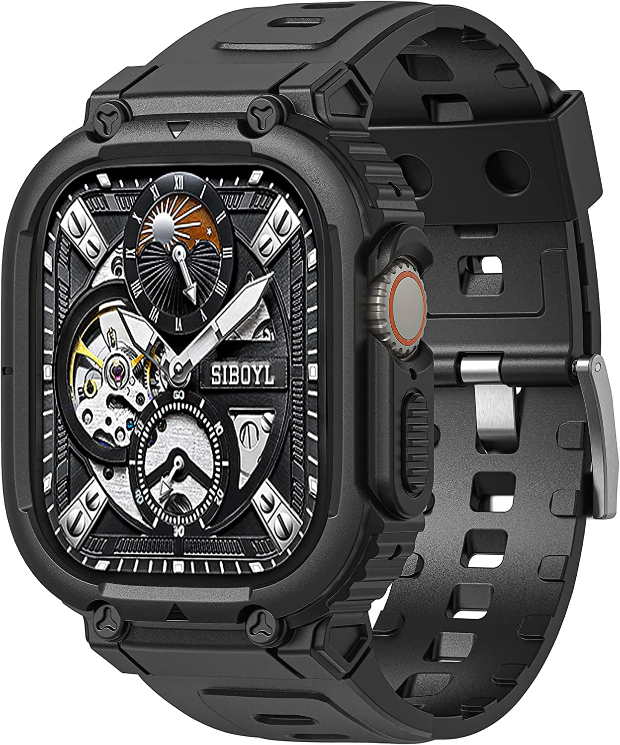 3 in 1 Rugged Band and Bumper Case with Screen Protector for Apple Watch Ultra Band 49Mm, Tempered Glass Film, Shockproof Protective Band for Men, Metal Clasp Sport Armor Band for Iwatch Ultra-Black  BuPa Awesome Black-Single Tongue Buckle 49mm 