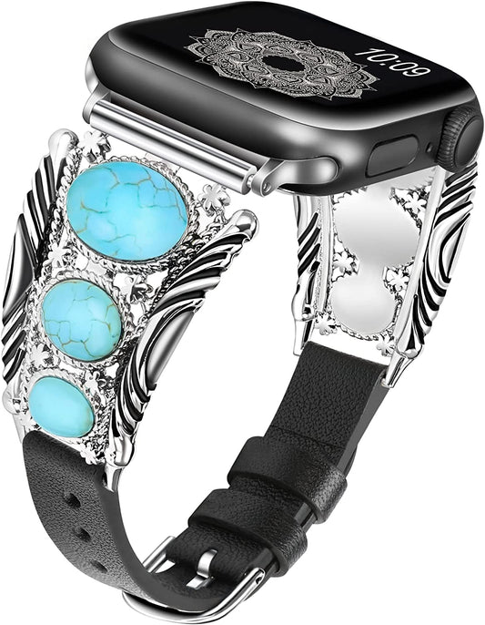 Minyee Leather Band Compatible with Apple Watch Band 49Mm(Ultra) 45Mm 44Mm 42Mm, Turquoise Apple Watch Bands Women, Vintage Boho Ethnic Antique Jewelry Style Strap for Iwatch Series SE/8/7/6/5/4/3/2/1  Minyee   