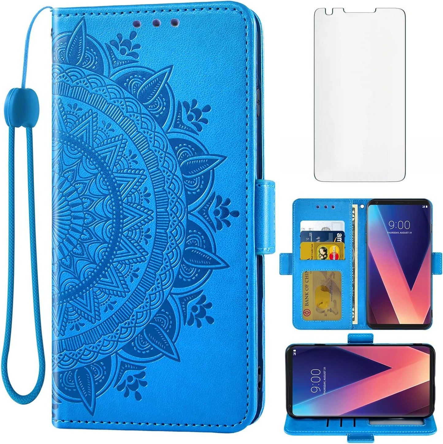 Asuwish Compatible with LG V35 Thinq V30 plus Wallet Case and Tempered Glass Screen Protector Credit Card Holder Flip Wrist Strap Cell Phone Cover for LGV30 LGV35 LG30 LG35 V 30 35 V30+ V30S H931 Grey  Asuwish Blue  