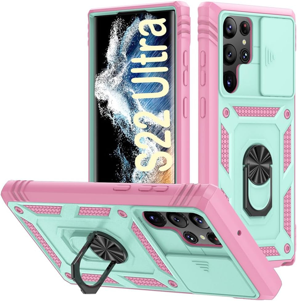 PASNEW for Samsung Galaxy S21 Ultra Case,Finger Ring Kickstand & Camera Cover Slide & Charge Port Dust Plug,Military Heavy Duty Full Body Shockproof Protective Hard Shell S21Ultra,6.8 Inch,Pink  PASNEW Green+Pink Samsung Galaxy S22Ultra【6.8"】 