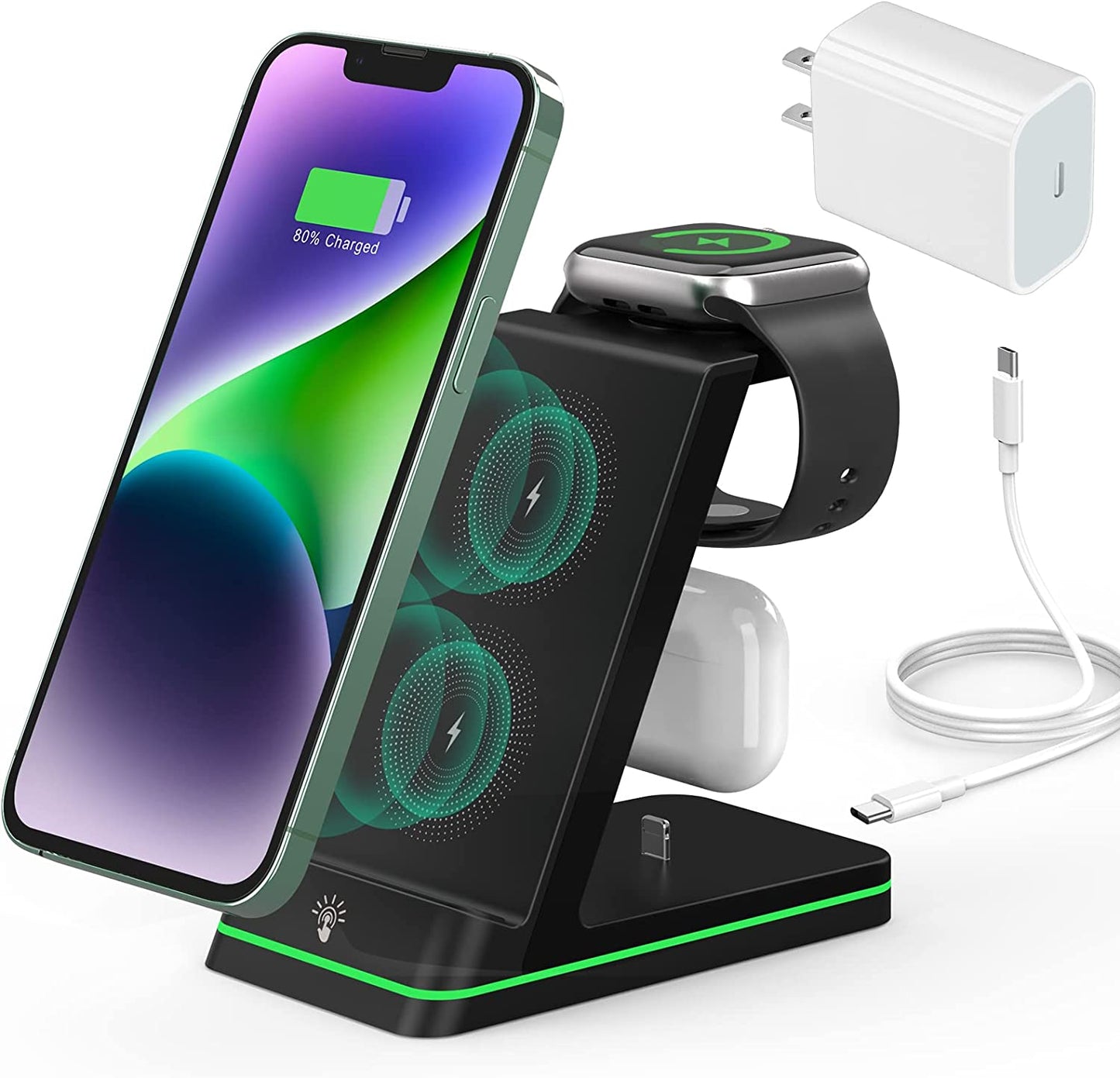Charging Station for Apple Devices, 3 in 1 Wireless Charger Stand with 20W USB C Adapter Compatible with Iphone 14 13 12 11 Pro Max 8 XS XR, Fast Charging Stand Dock for Apple Watch Series & Airpods  HUIZHOU OJD TECHNOLOGY CO.,LTD   