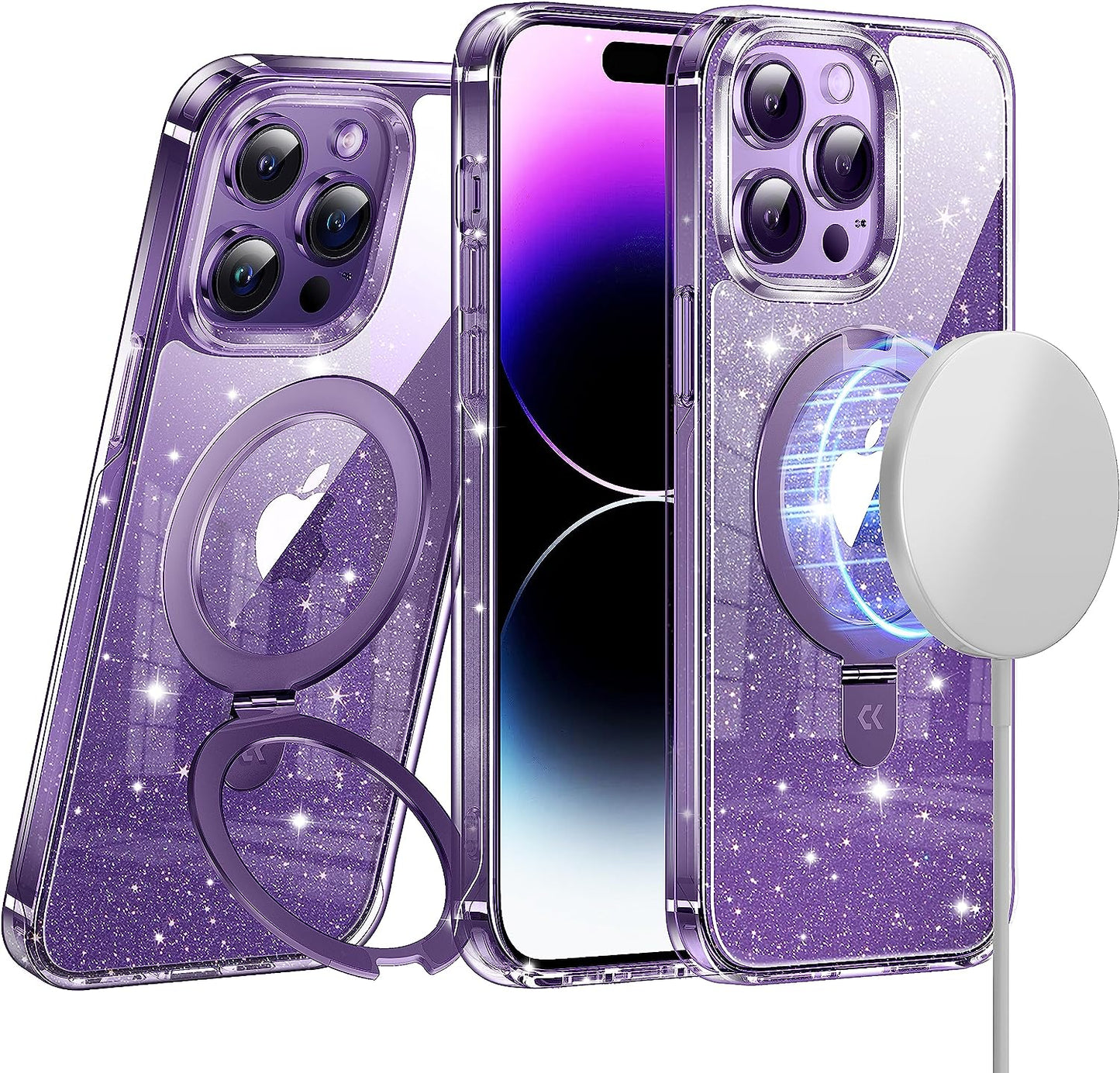 CASEKOO Glitter Clear Iphone 14 Pro Case, Magsafe Compatible, Invisible Stand, Non-Yellowing, Protective Bling Phone Cases 6.1 Inch  CASEKOO Glitter Purple Iphone 14 Pro Max 