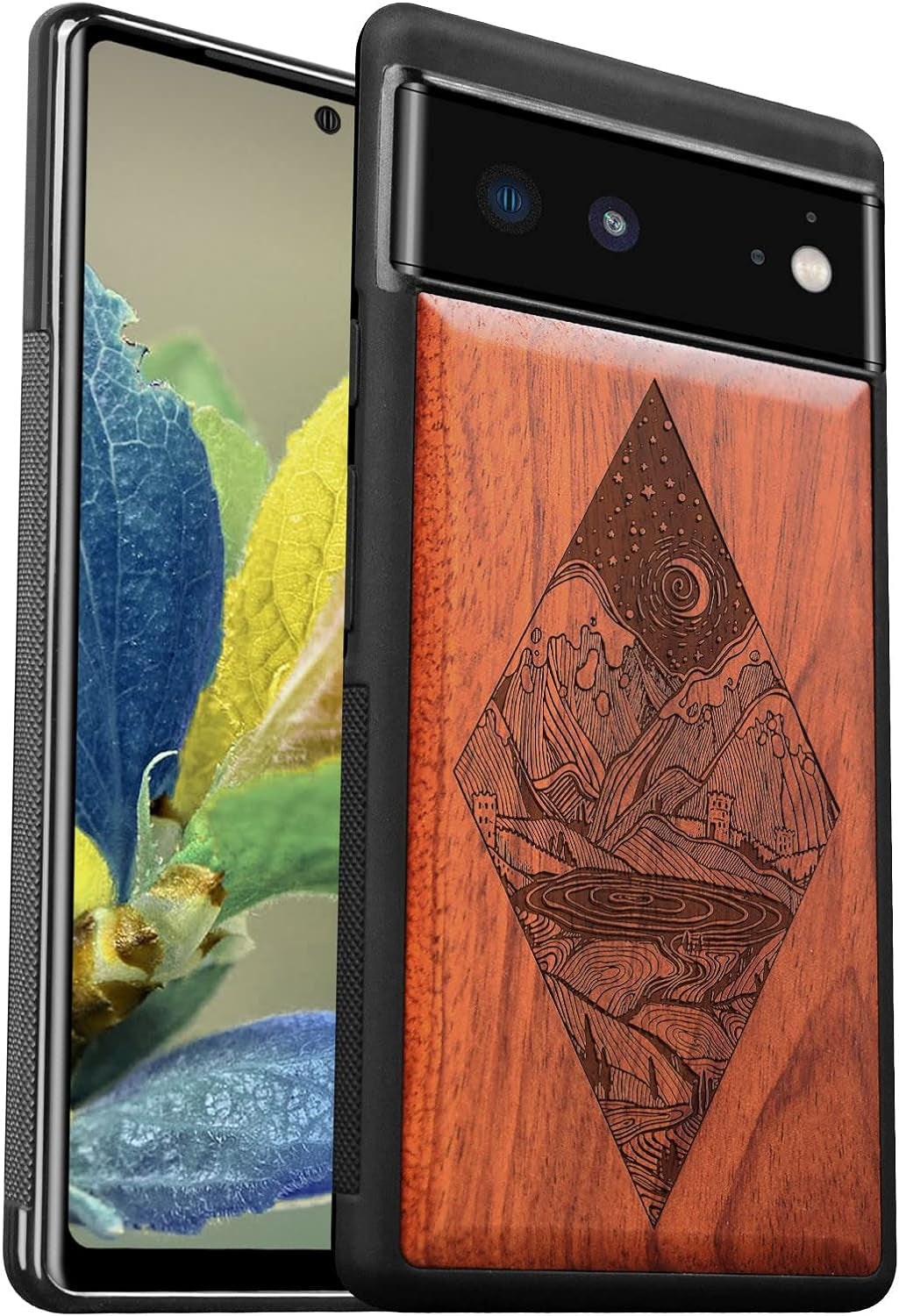Carveit Wood Case for Pixel 6A Case 2022 [Natural Wood & Black Soft TPU] Shockproof Protective Cover Unique & Classy Wooden Case Compatible with Google Pixel 6A Case (Starry Night-Rosewood)  Carveit Rosewood-Pixel 6 Pixel 6 (6.4 Inch) 