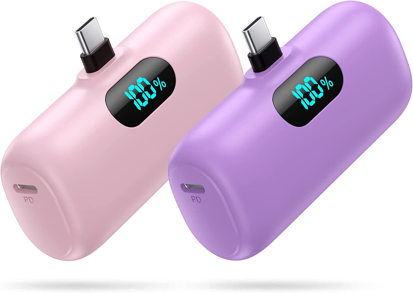 [2-Pack] Mini Portable Charger 5000Mah Power Bank, 3A PD USB C Cell Phone Portable Power, LCD Display Battery Pack Compatible with Android Phone/Samsung Galaxy S22,S21/Note/Moto/Lg/Pixel /Nexus Ect  Dongguan Yuanhaoxun Technology Co.,Ltd. Pink+purple  